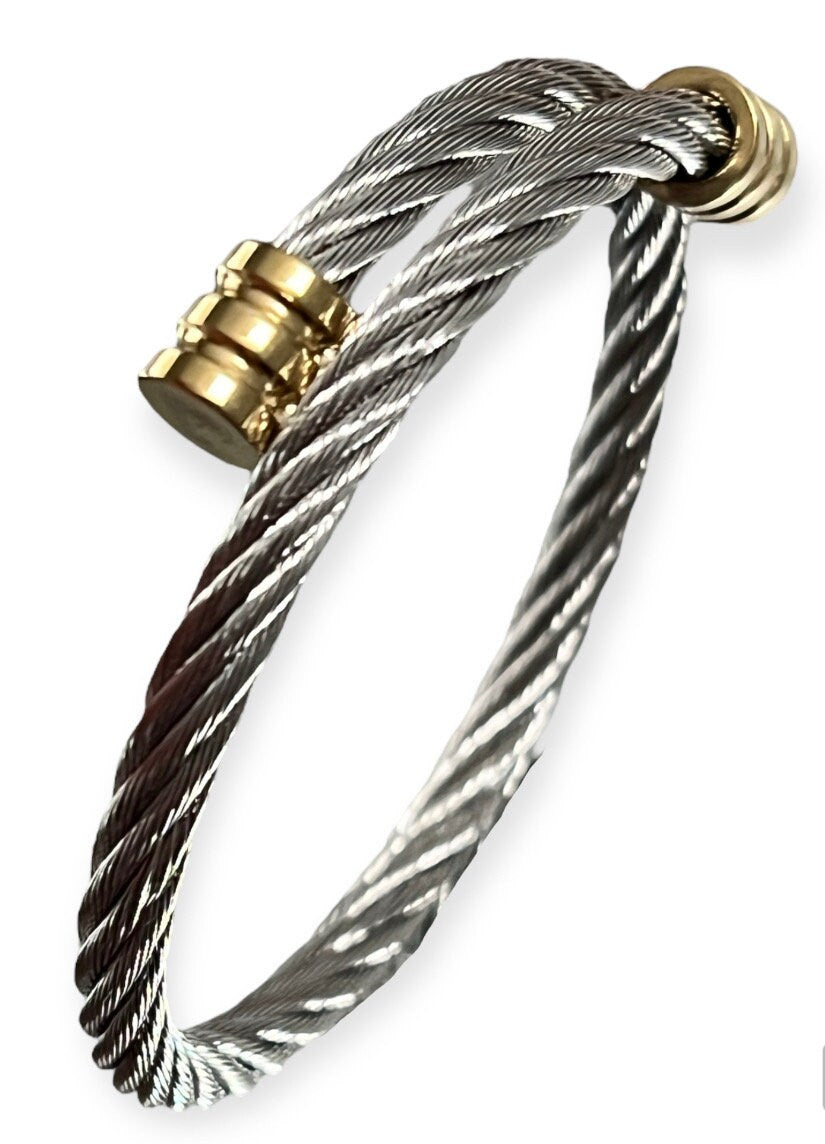 Men’s Wire Bracelet, Two Tone Gold Stainless Steel Bracelet for Men
