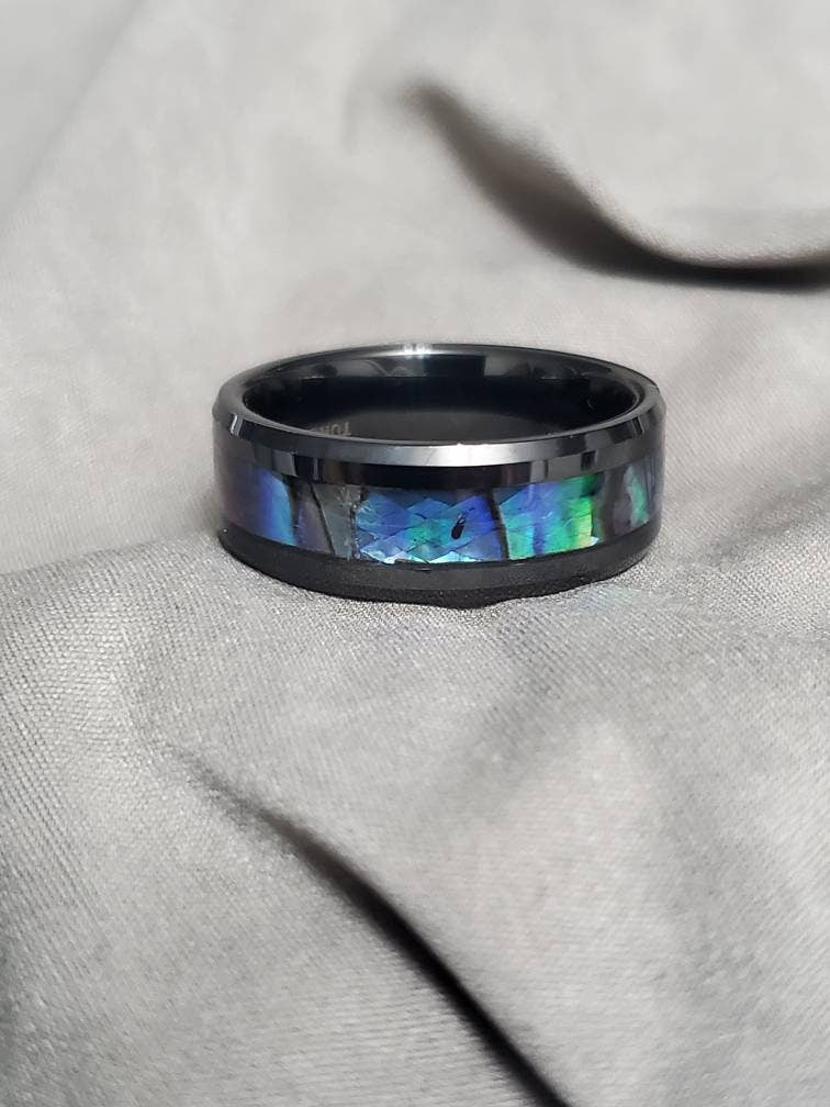 Paua Shell Tungsten Sea Opal Ring Men's Ring