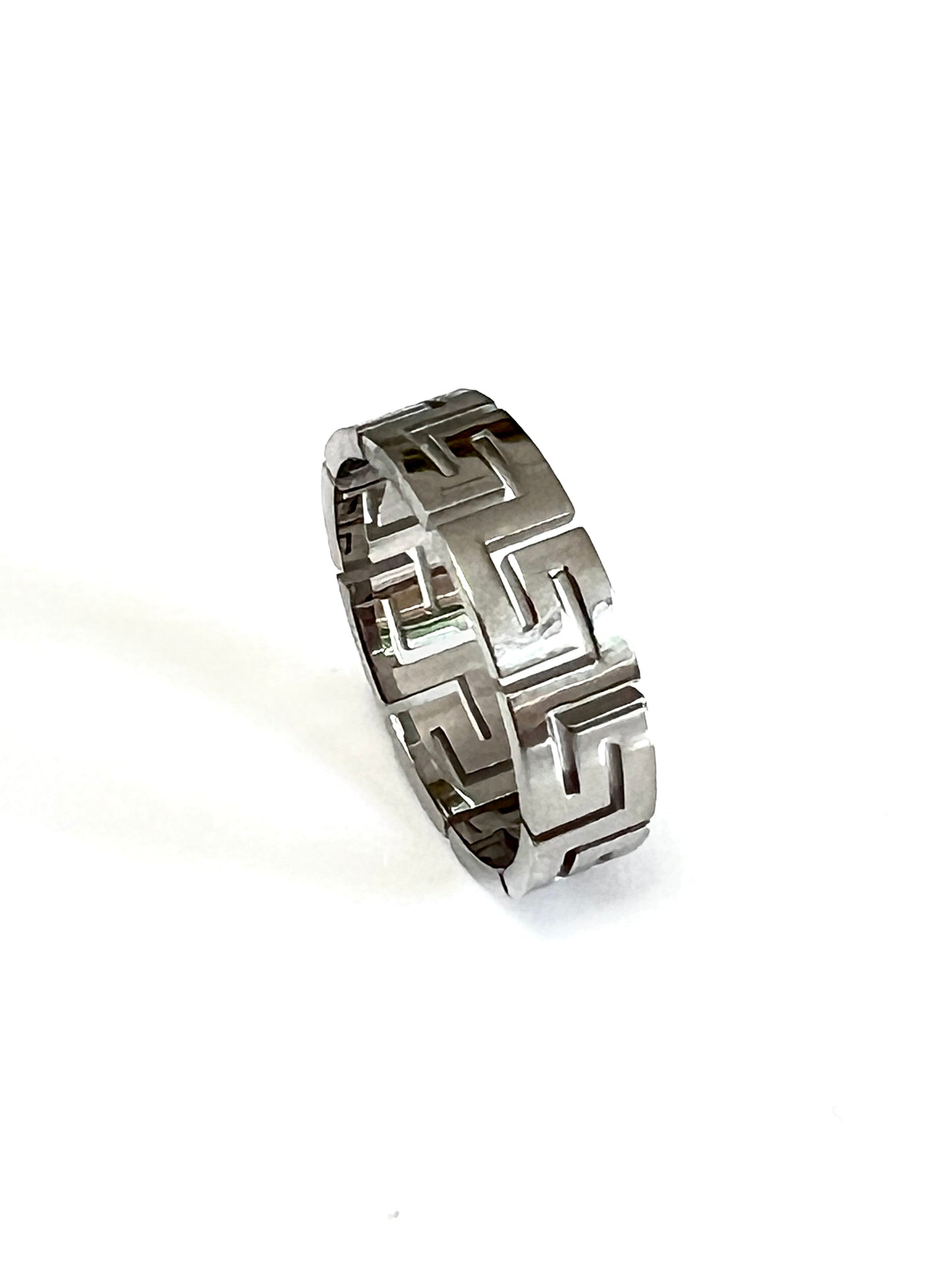 Unisex 6mm Greek Key Ring – PVD Gold or Silver Band, Timeless Durable Wedding & Daily Wear Jewelry