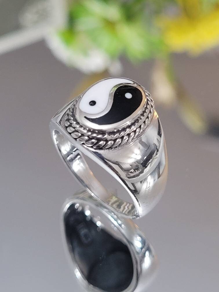 Yin Yang Signet Men Ring, Sterling Silver Ring, 925 Stamped Ring, Signet Men's Band, Genuine Stone for men