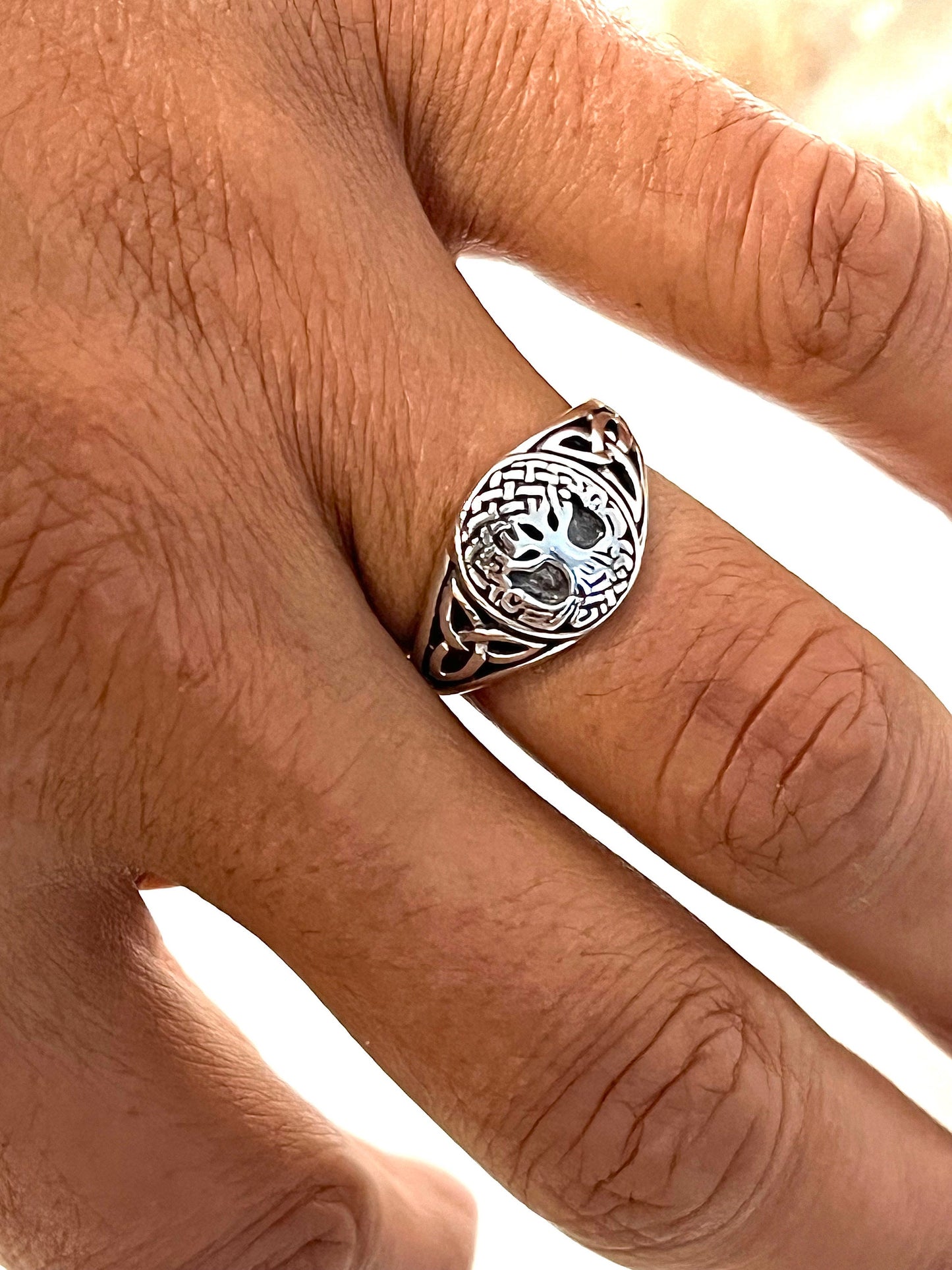 Sterling Silver Tree of Life Men's Ring, 12mm Face, Engagement, trendy