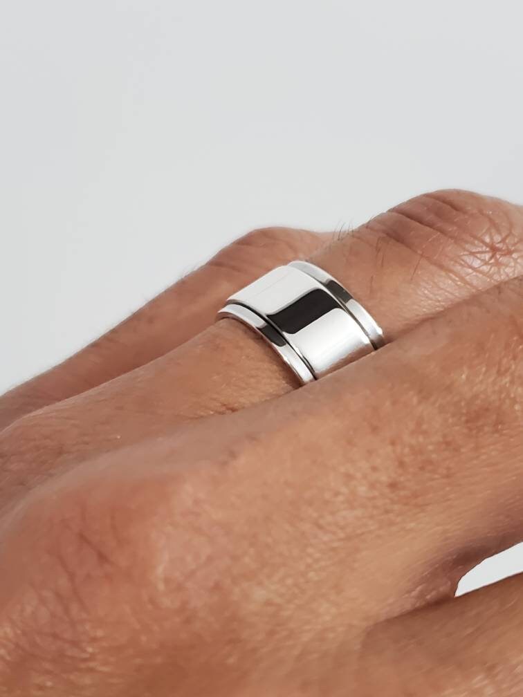 Thick Plain Spinner Band, Sterling Silver 925 Men's Ring, 10mm Wedding Band, Engagement Band for Men