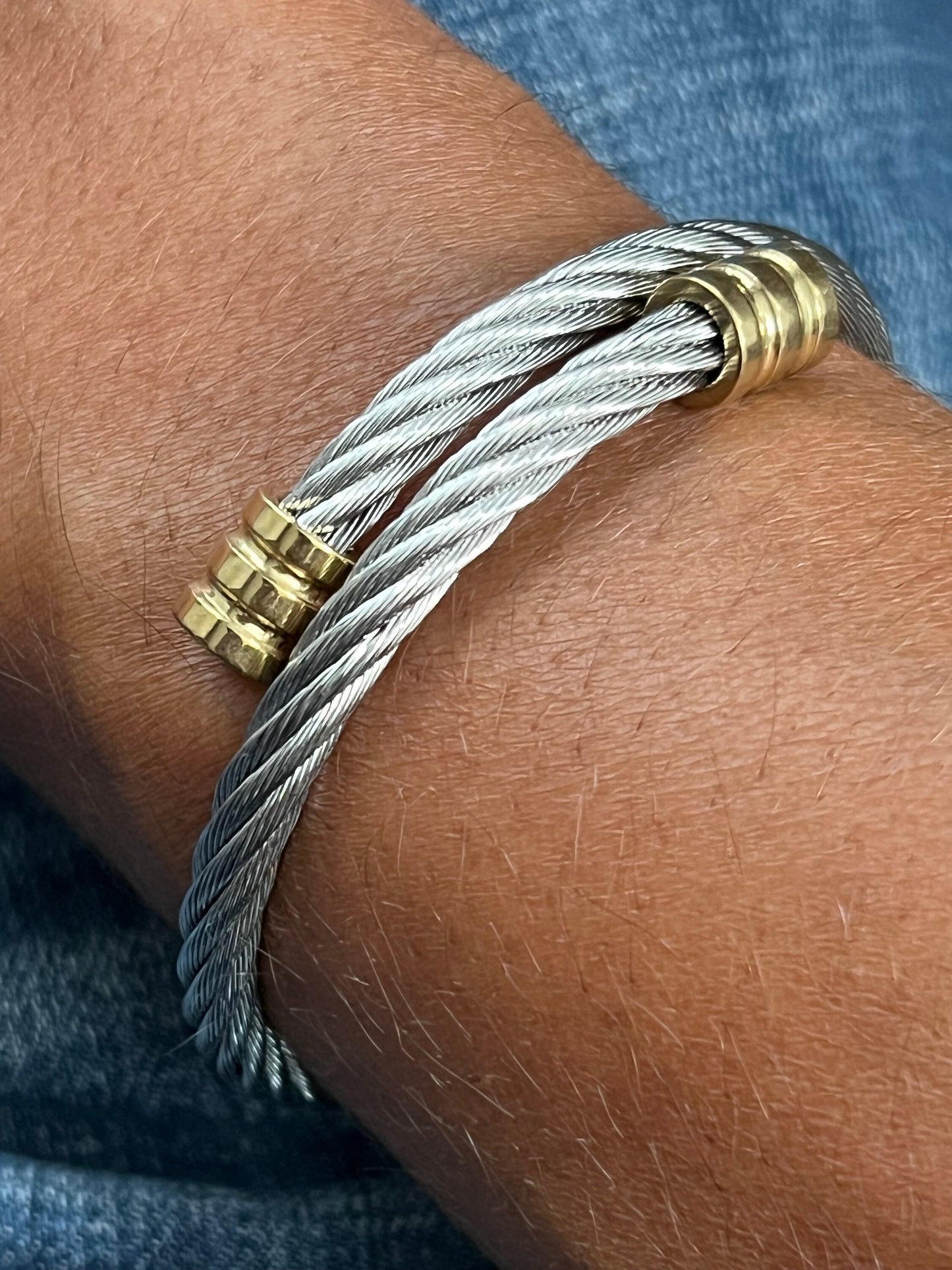 Men’s Wire Bracelet, Two Tone Gold Stainless Steel Bracelet for Men
