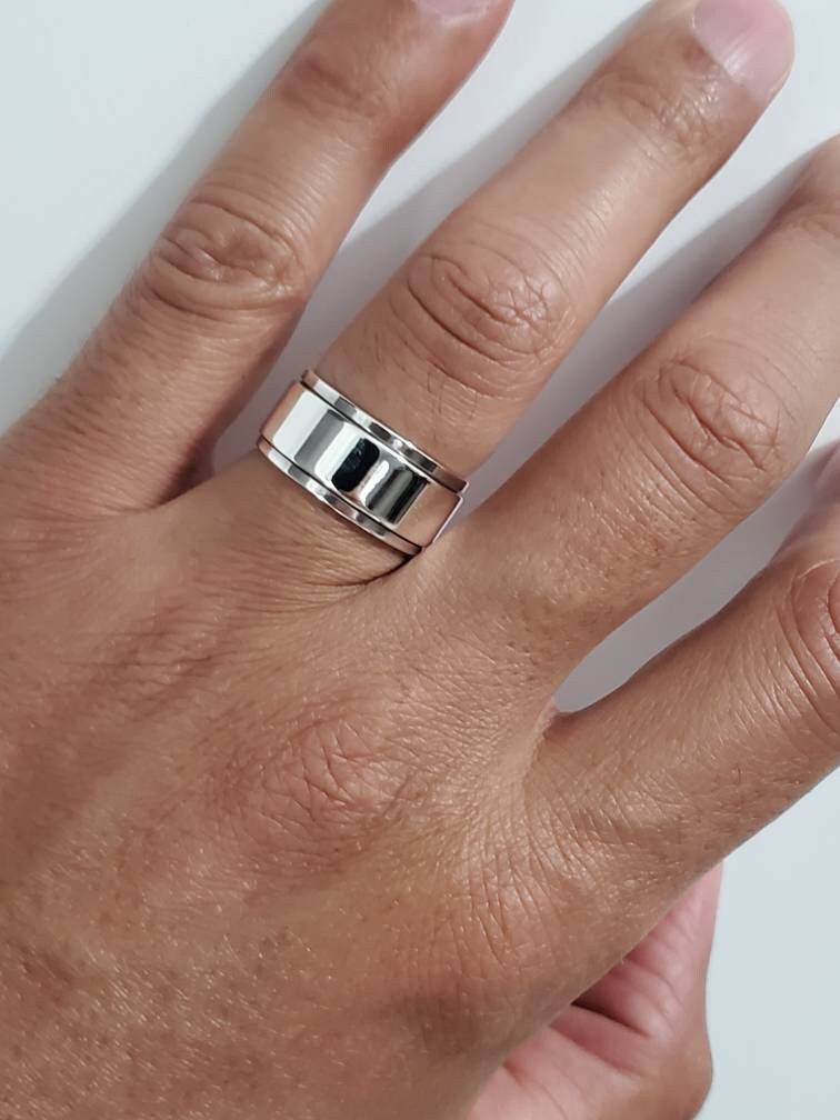 Thick Plain Spinner Band, Sterling Silver 925 Men's Ring, 10mm Wedding Band, Engagement Band for Men