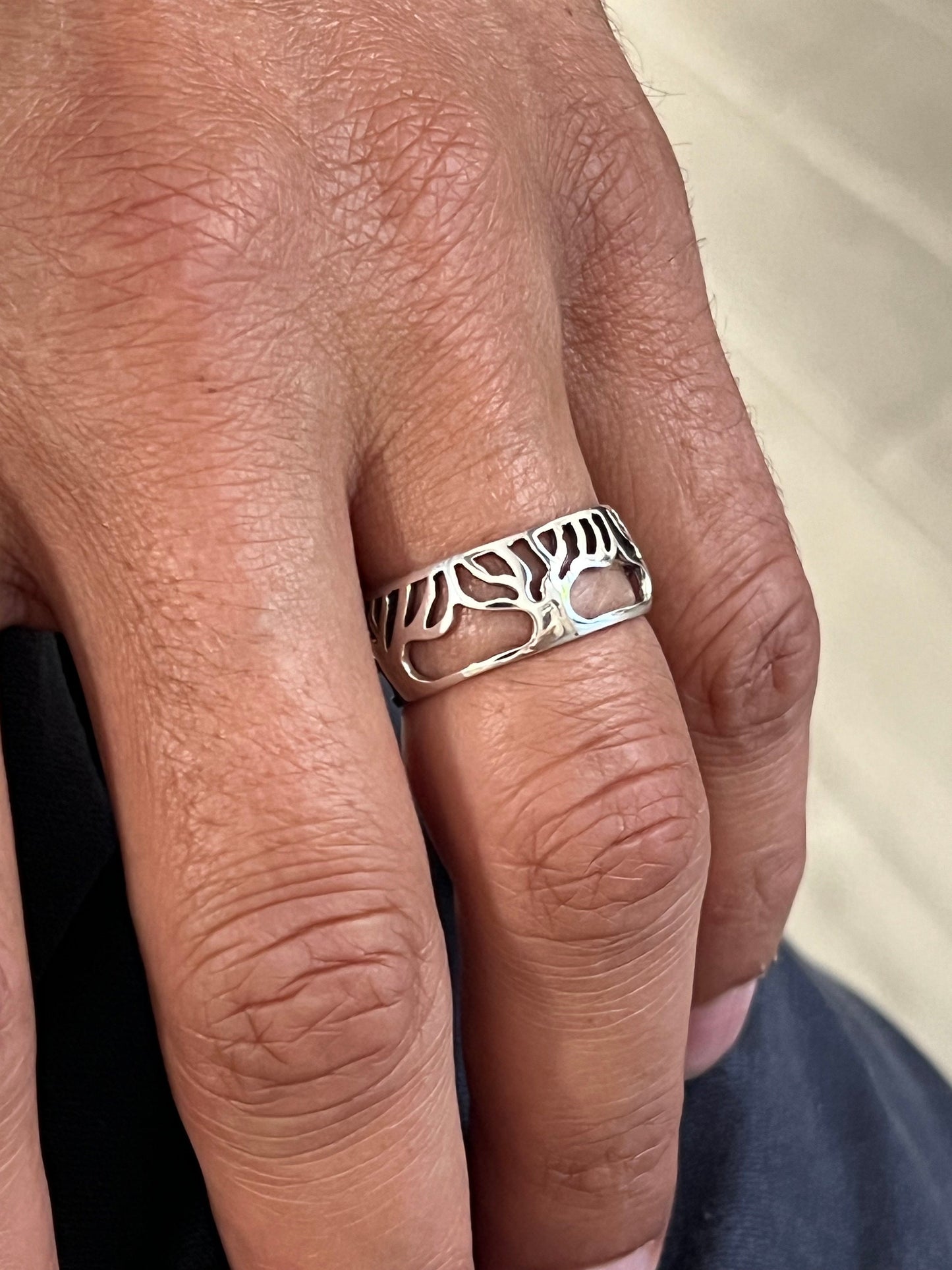 Sterling Silver Tree of Life Men's Ring, 11mm Wedding Band, Engagement, trendy