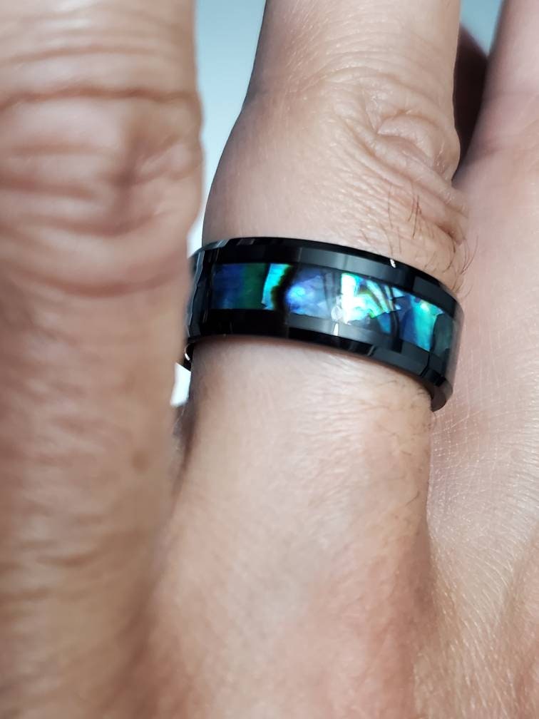 Paua Shell Tungsten Sea Opal Ring Men's Ring