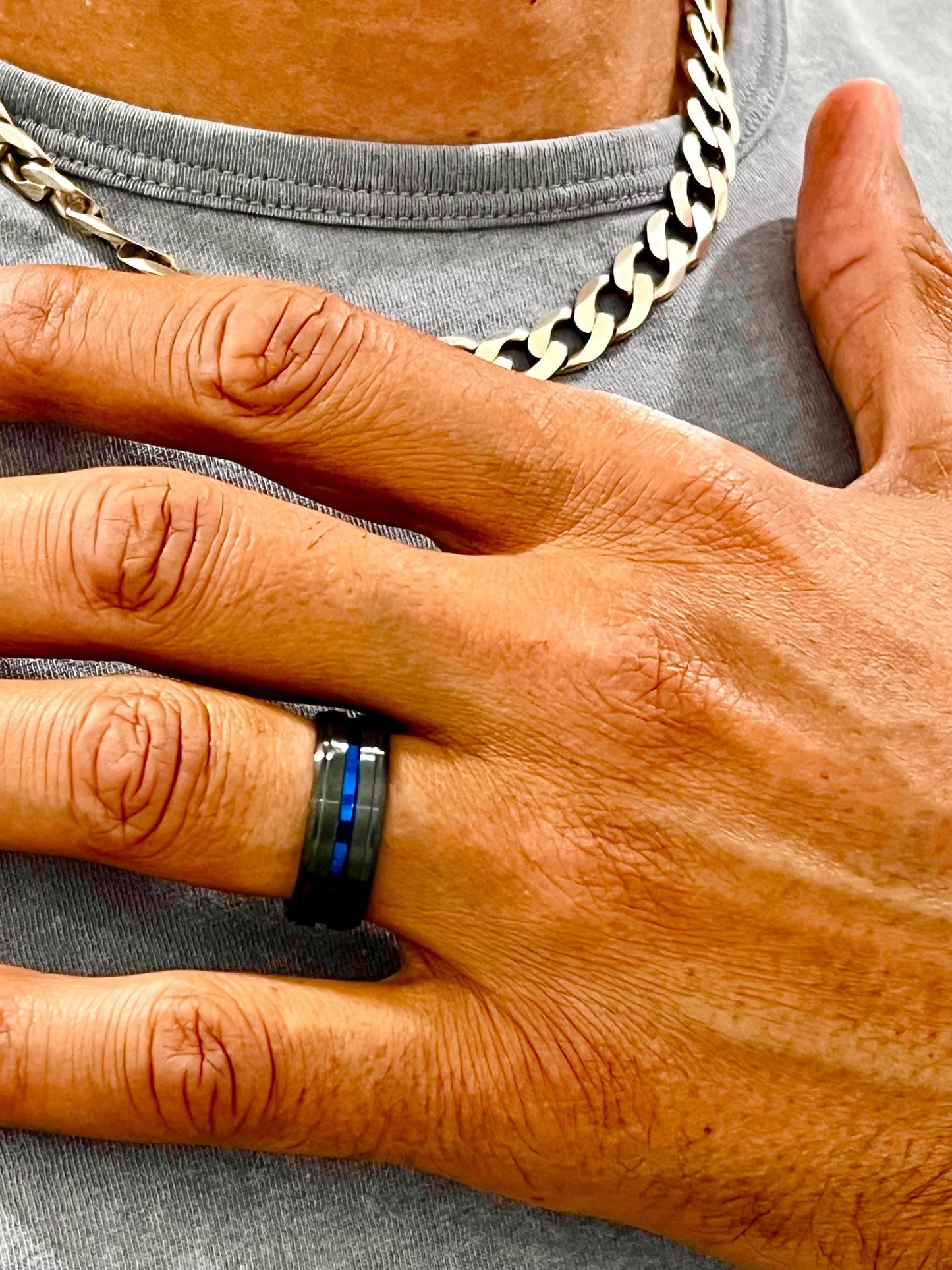 Blue Stripe Black Stainless Ring