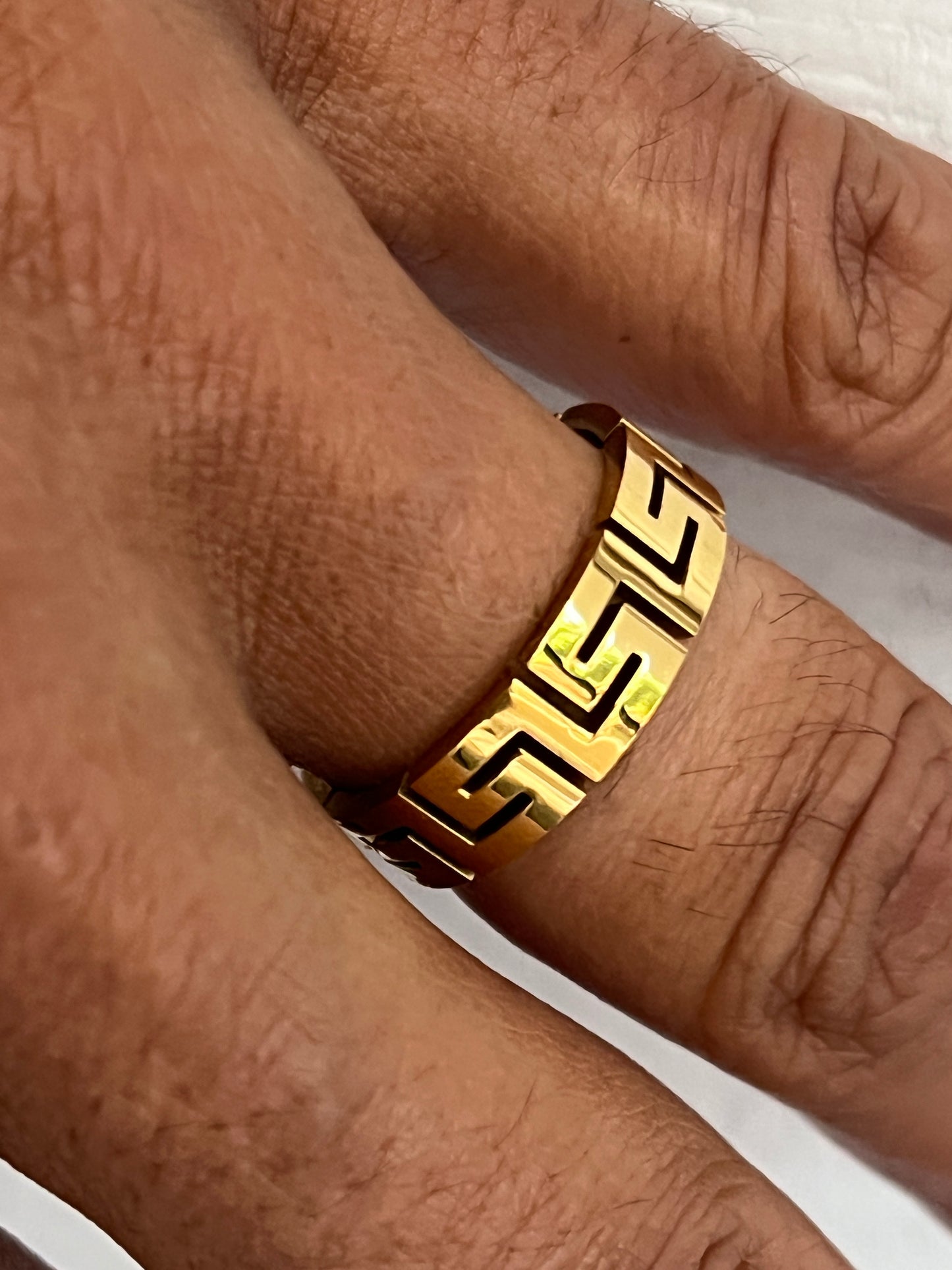 Unisex 6mm Greek Key Ring – PVD Gold or Silver Band, Timeless Durable Wedding & Daily Wear Jewelry