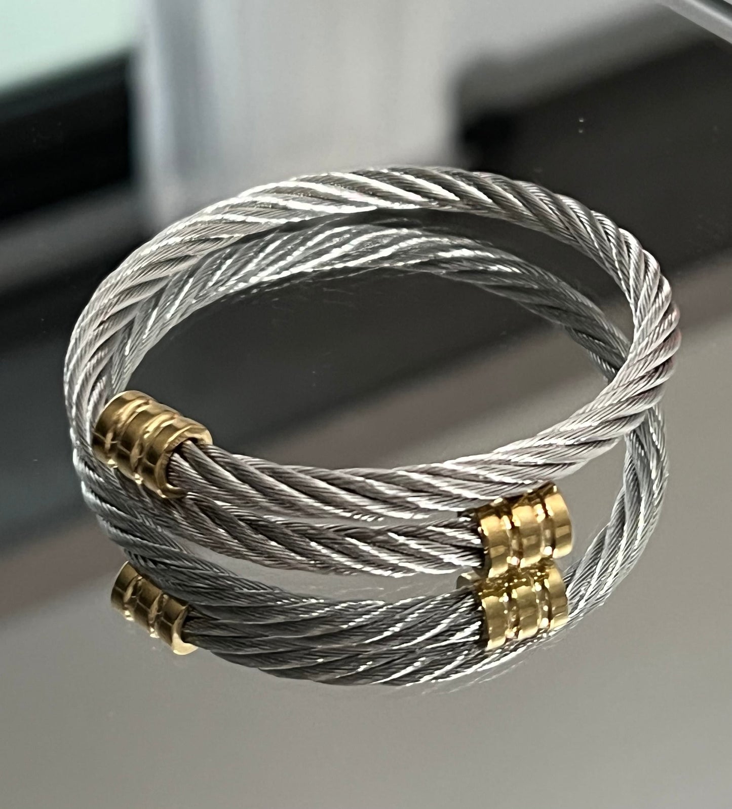 Men’s Wire Bracelet, Two Tone Gold Stainless Steel Bracelet for Men