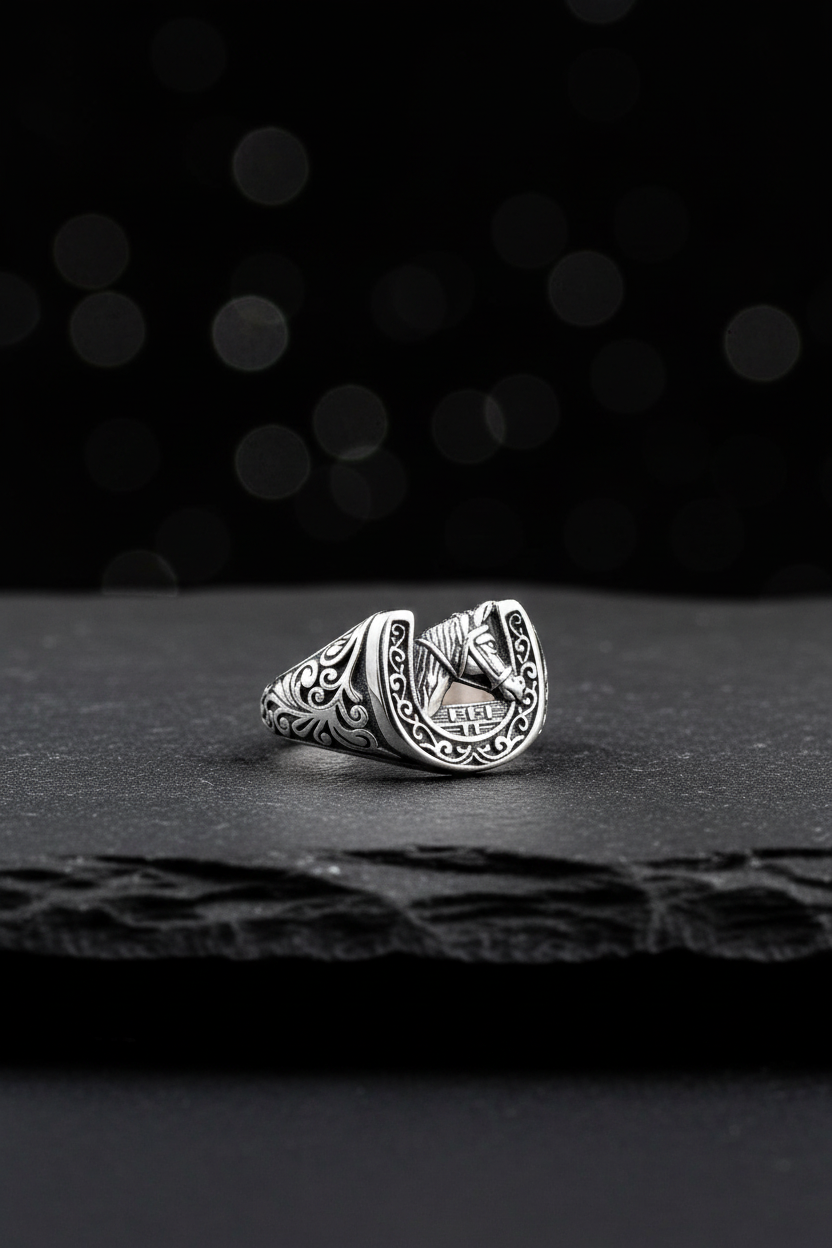 Sterling Silver Horse Ring: Lucky Horseshoe Equestrian Jewelry