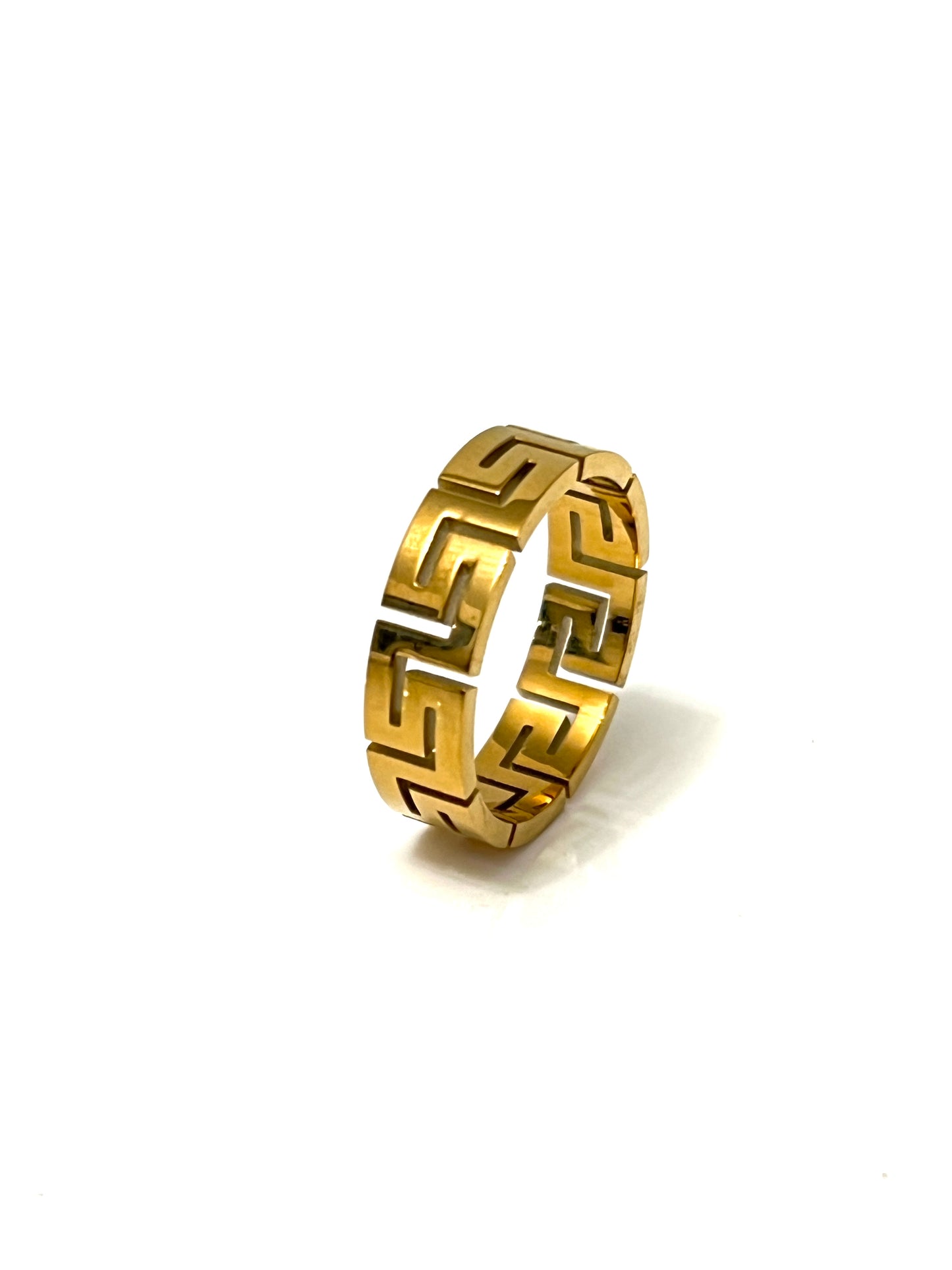 Unisex 6mm Greek Key Ring – PVD Gold or Silver Band, Timeless Durable Wedding & Daily Wear Jewelry