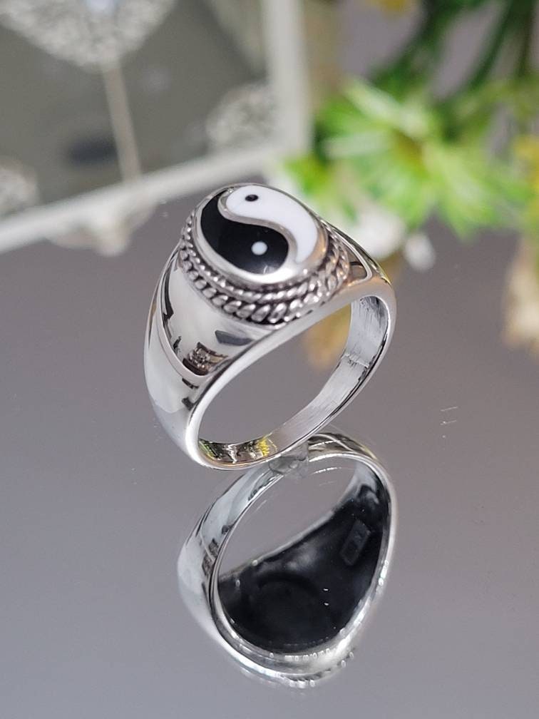 Yin Yang Signet Men Ring, Sterling Silver Ring, 925 Stamped Ring, Signet Men's Band, Genuine Stone for men