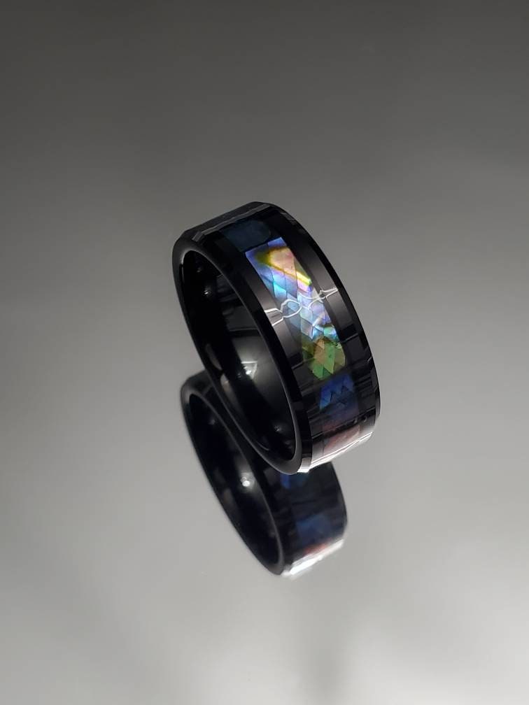 Paua Shell Tungsten Sea Opal Ring Men's Ring