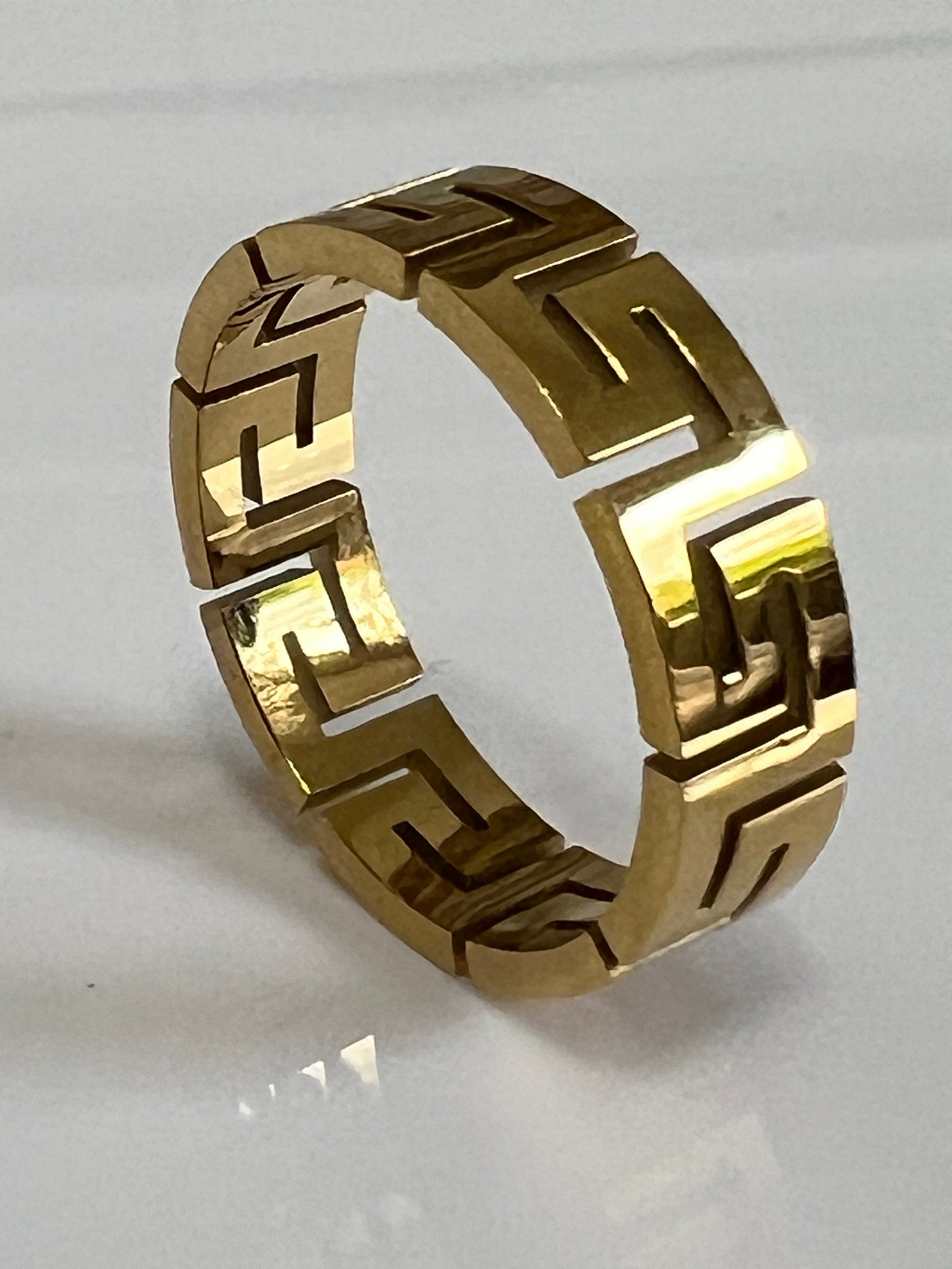 Unisex 6mm Greek Key Ring – PVD Gold or Silver Band, Timeless Durable Wedding & Daily Wear Jewelry