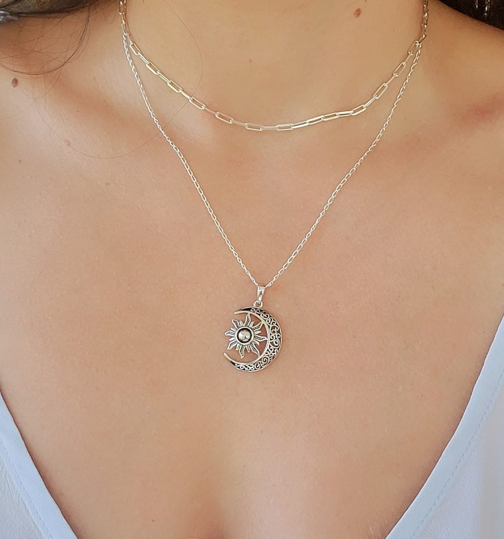 Silver Moon Over The Sun Chain and Pendant