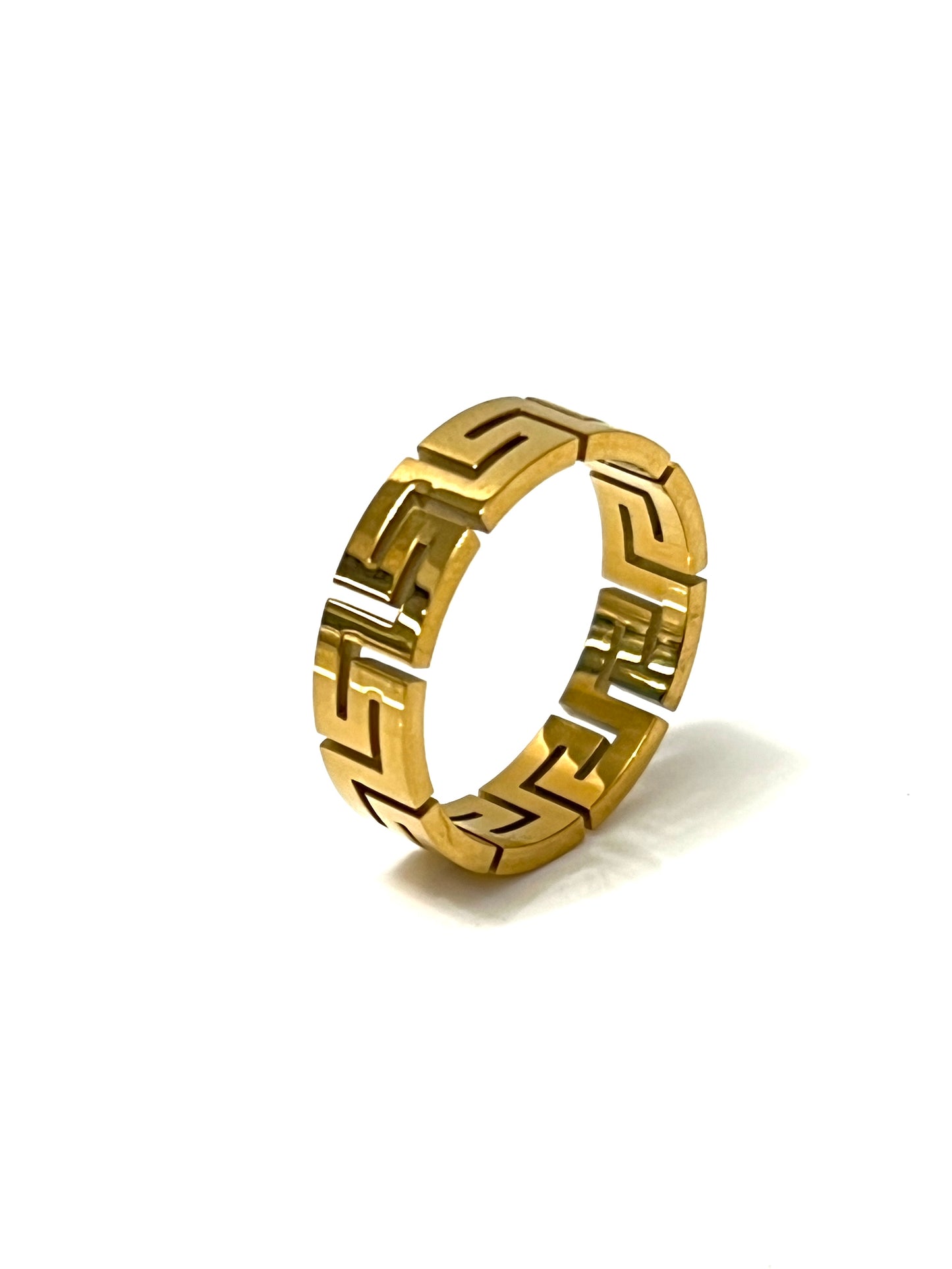 Unisex 6mm Greek Key Ring – PVD Gold or Silver Band, Timeless Durable Wedding & Daily Wear Jewelry