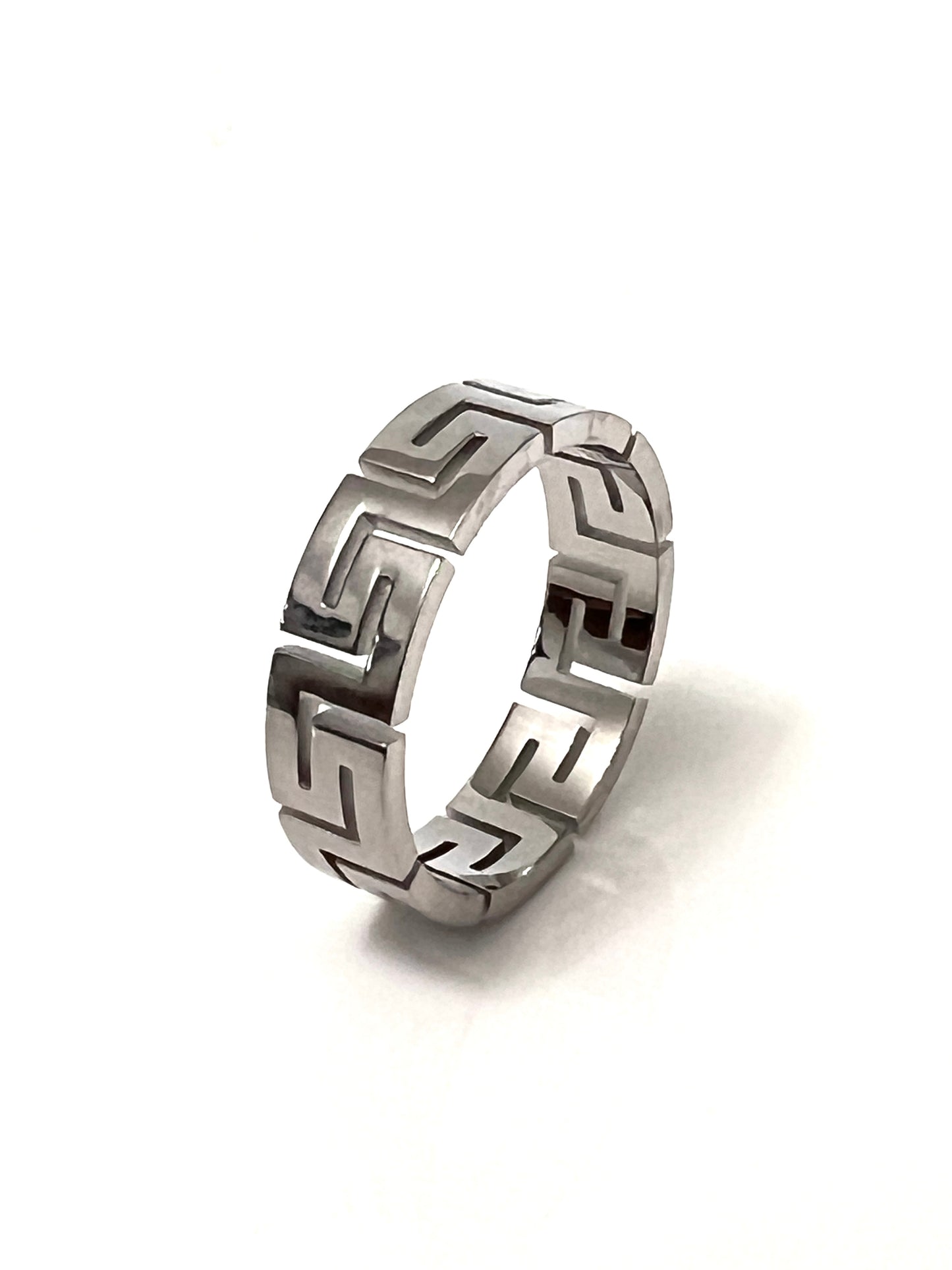Unisex 6mm Greek Key Ring – PVD Gold or Silver Band, Timeless Durable Wedding & Daily Wear Jewelry