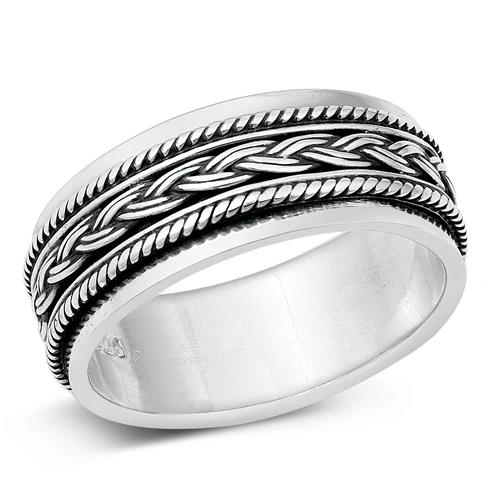 Braided Rope Sterling Silver Spinner Ring: 8mm Oxidized Wedding Band