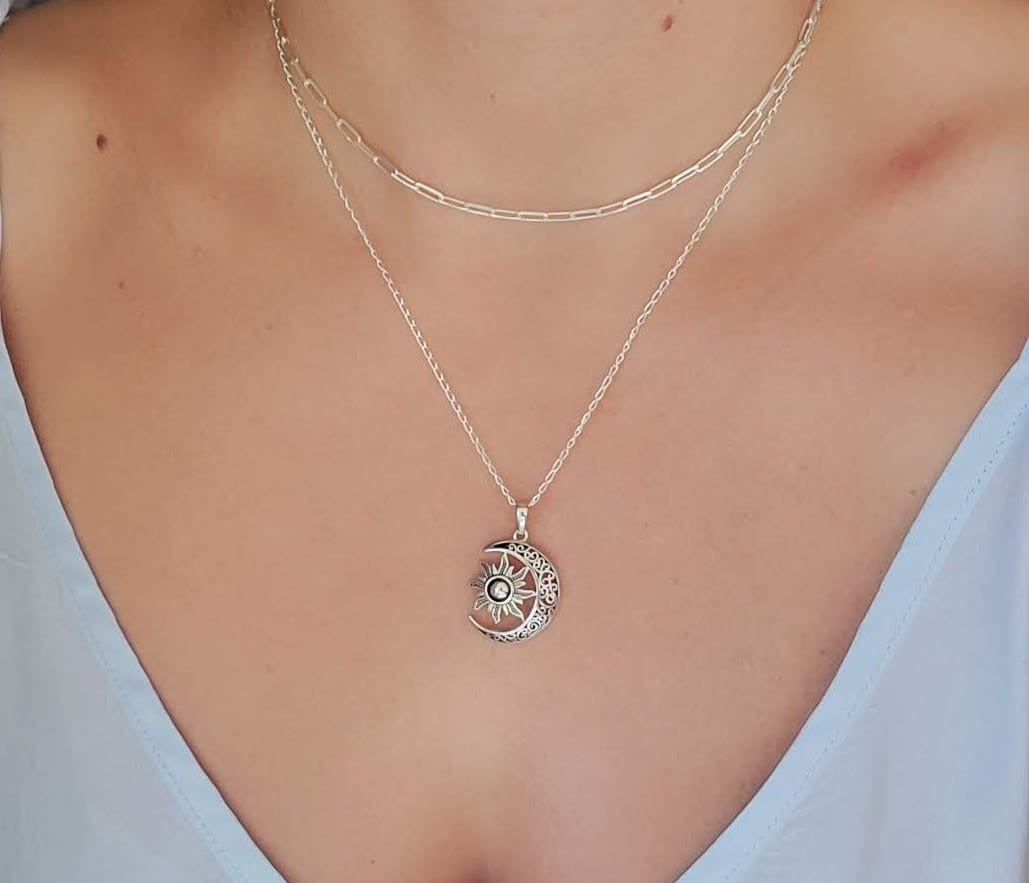 Silver Moon Over The Sun Chain and Pendant