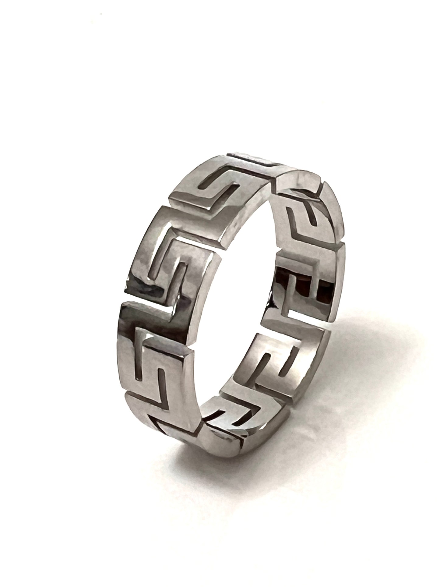 Unisex 6mm Greek Key Ring – PVD Gold or Silver Band, Timeless Durable Wedding & Daily Wear Jewelry