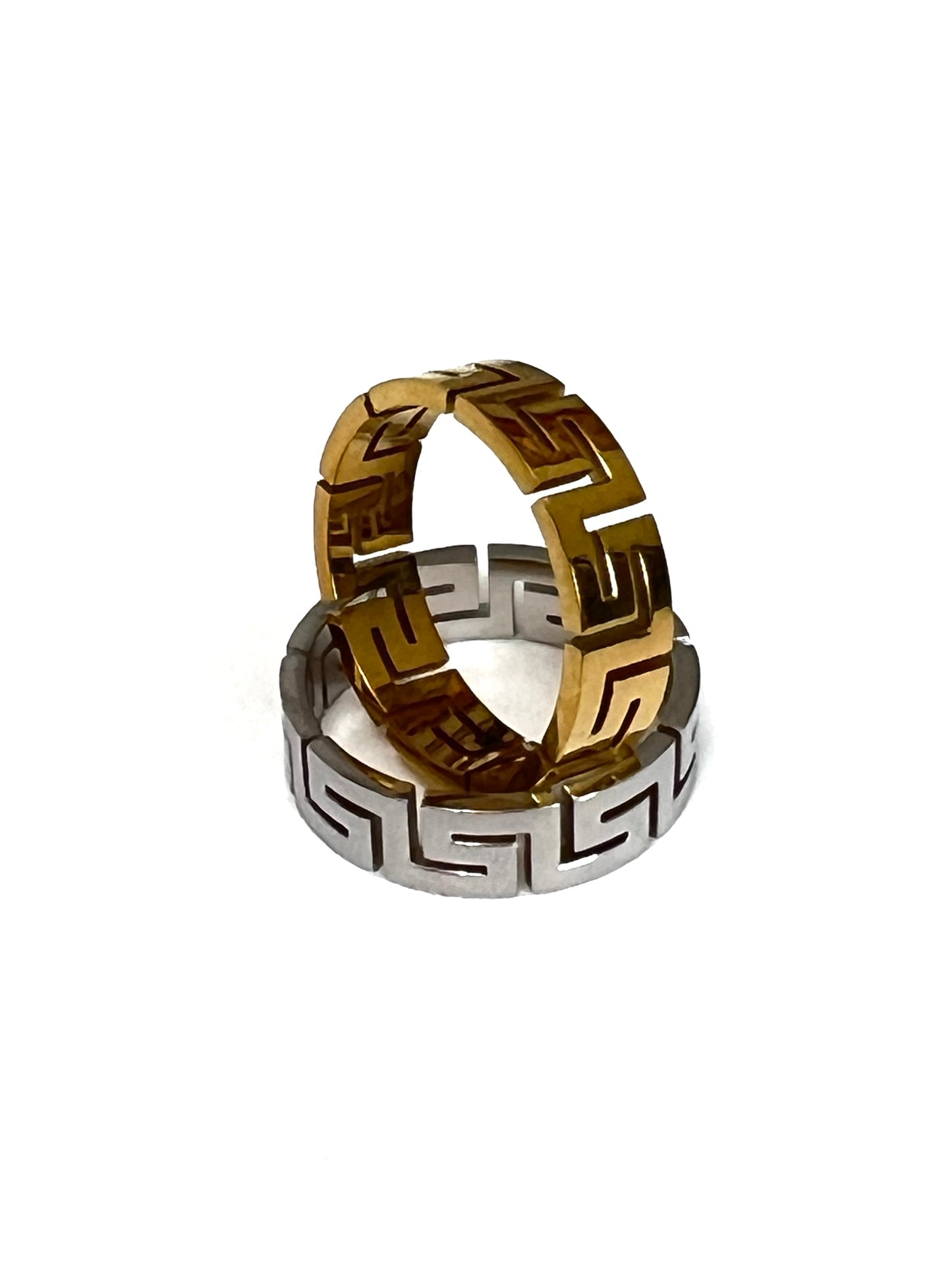 Unisex 6mm Greek Key Ring – PVD Gold or Silver Band, Timeless Durable Wedding & Daily Wear Jewelry