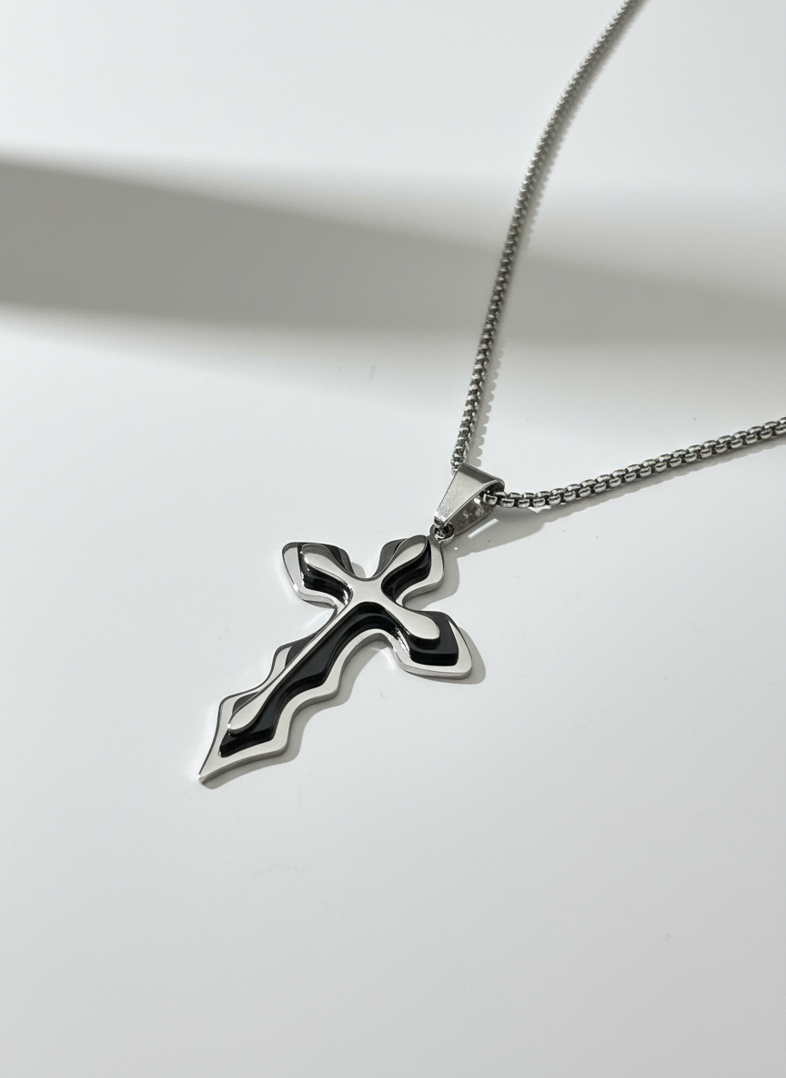 Men's Medieval Stainless Steel Cross and Hydro Black Chain Pendant, non-tarnishing hydro black and silver finish.