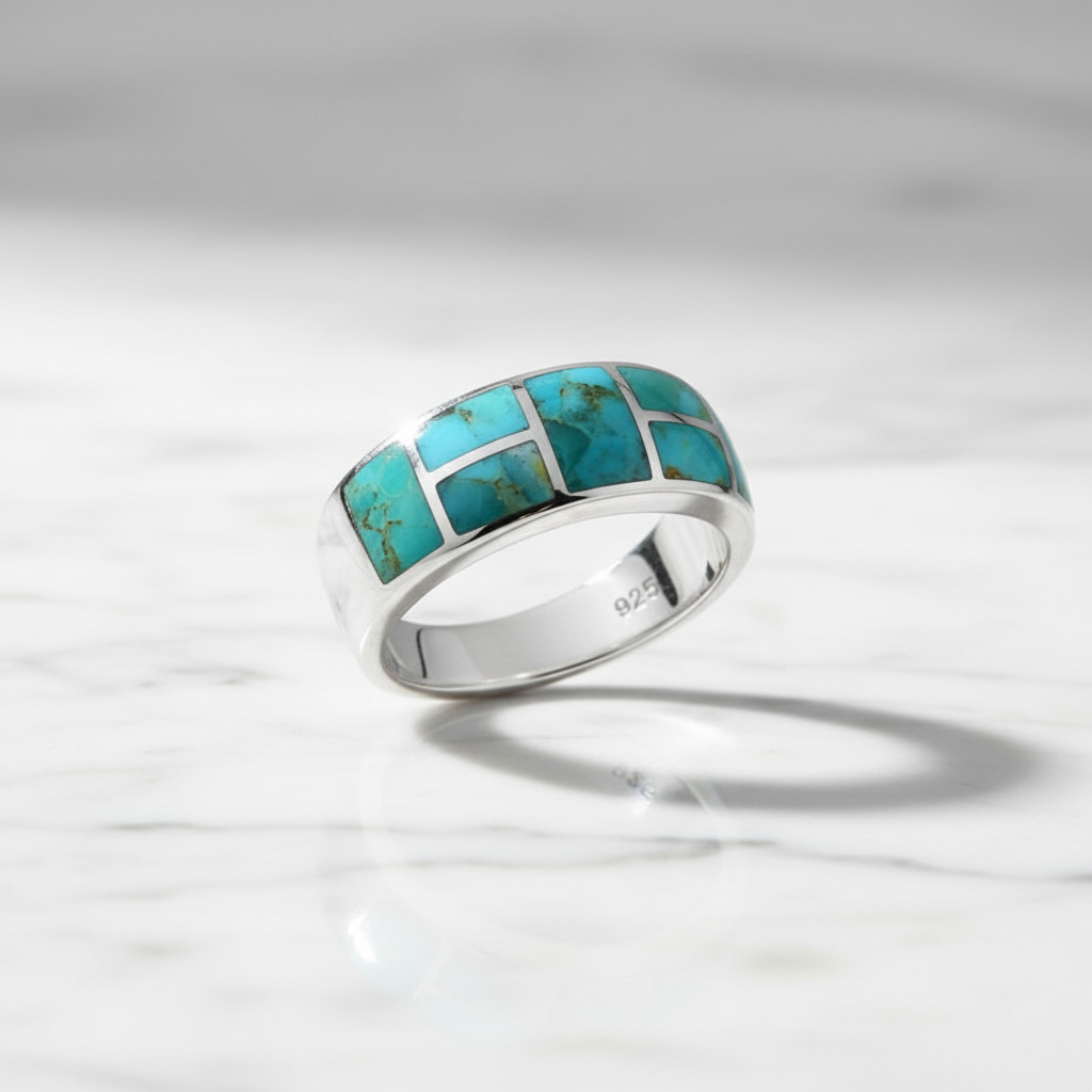Men’s Turquoise Signet Ring – Sterling Silver 925, Genuine Turquoise Stone, 8.2mm Face