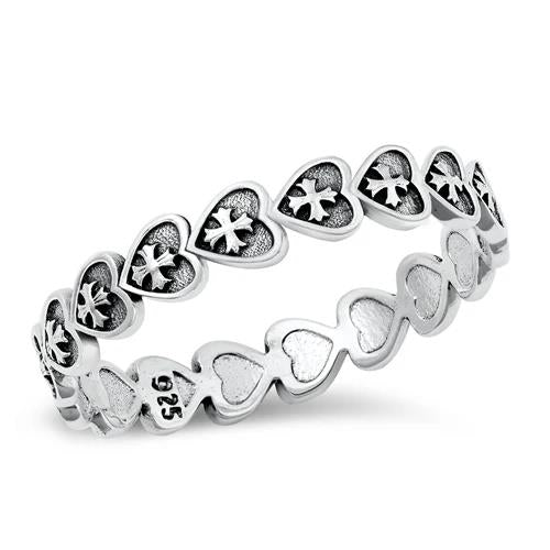 Oxidized Sterling Silver Heart Cross Ring: Medieval Style Band