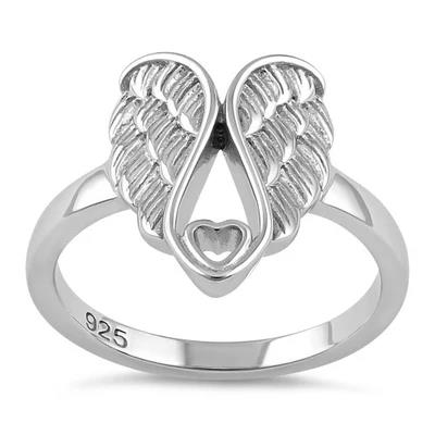 Sterling Silver Wings Ring: Heart Detail, Rhodium Plated