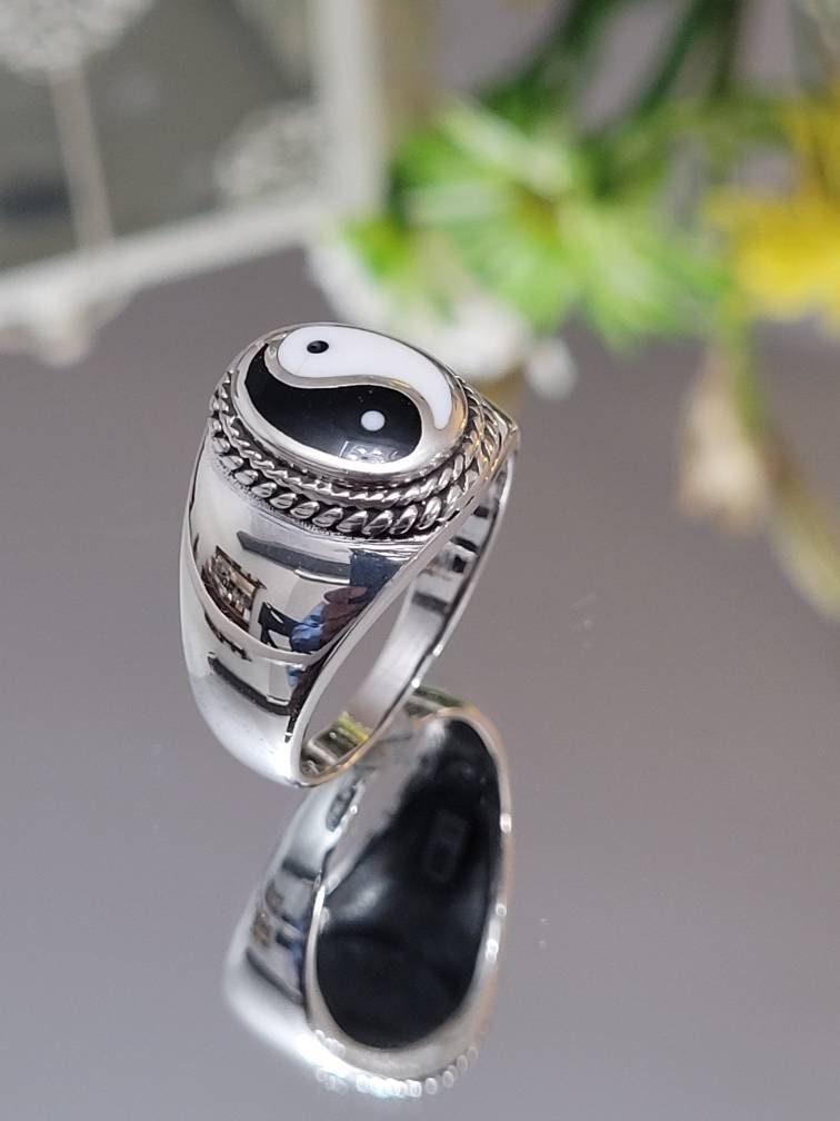 Yin Yang Signet Men Ring, Sterling Silver Ring, 925 Stamped Ring, Signet Men's Band, Genuine Stone for men