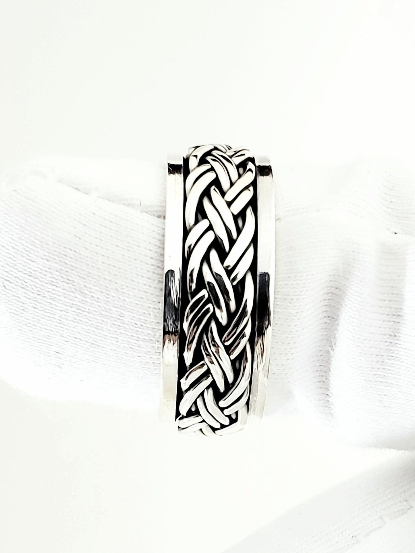 Meditation Spinner Ring Sterling Silver Men's Ring 8mm Braided Spinner Band
