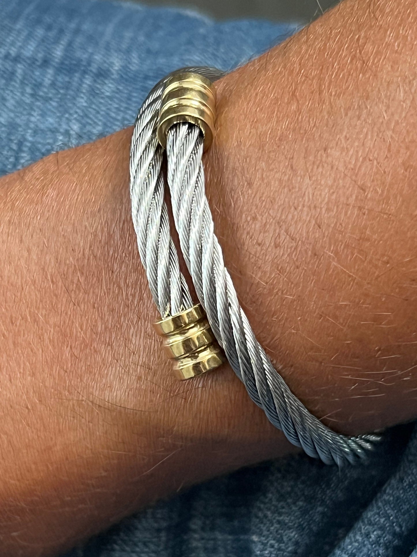 Men’s Wire Bracelet, Two Tone Gold Stainless Steel Bracelet for Men