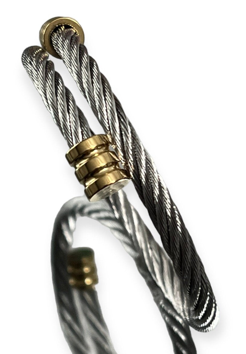 Men’s Wire Bracelet, Two Tone Gold Stainless Steel Bracelet for Men