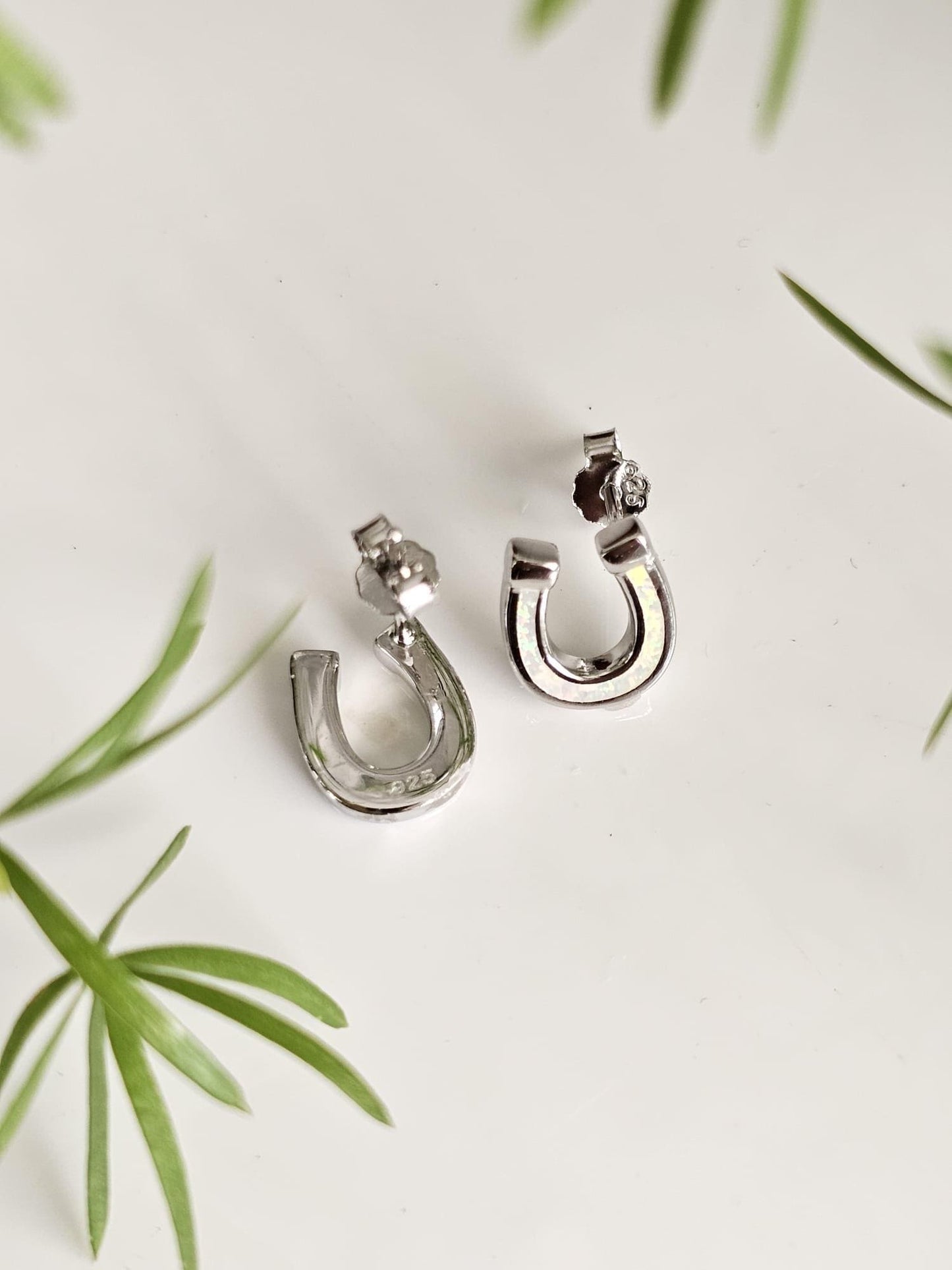 Sterling Silver Horseshoe Stud Earrings: White Lab Opal Lucky Charms