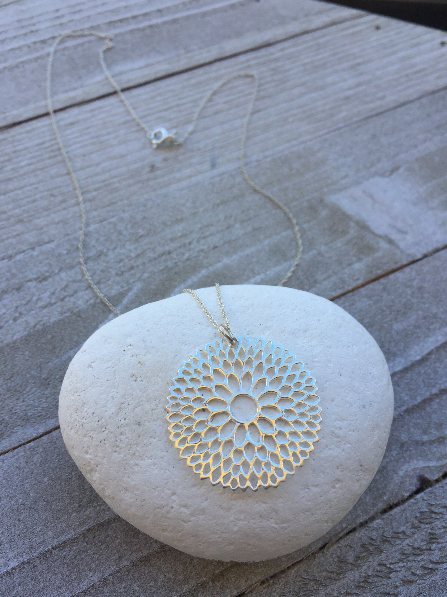 Sterling Silver Large 30mm Flower Pendant Necklace, Mandala Pendant, Chain included