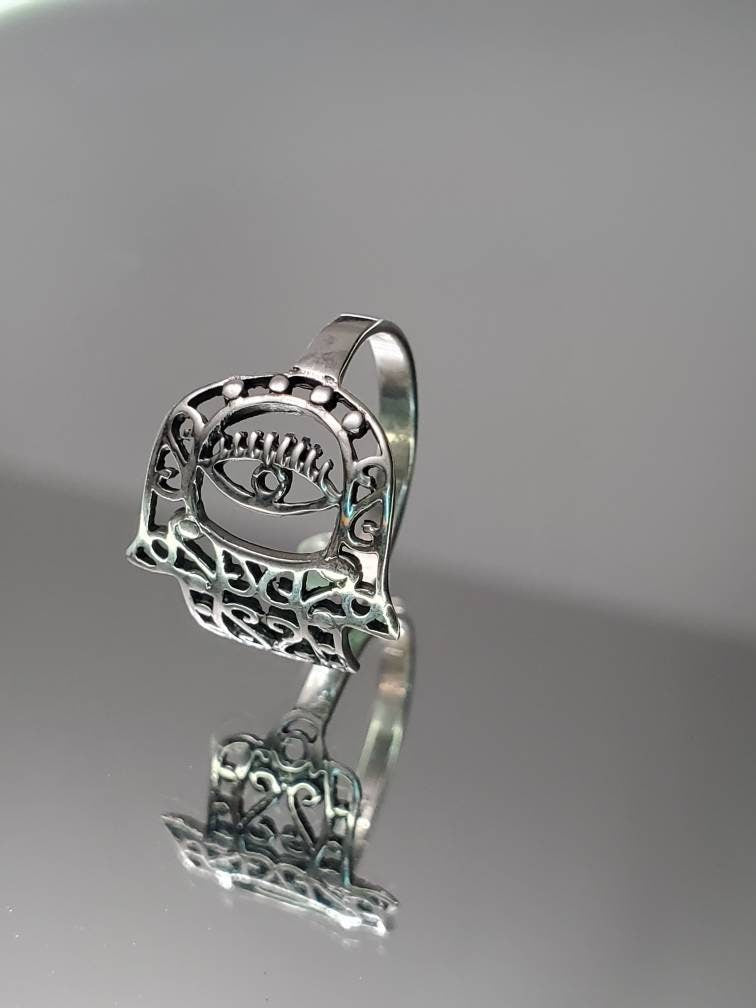 Hand Ring Sterling Silver Ring -Thin Minimalist Hand of Fatima Protection Amulet Dainty Ring