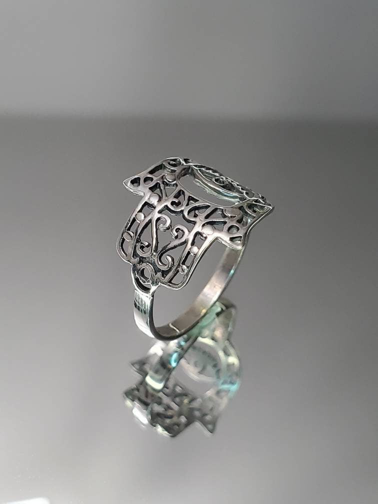 Hand Ring Sterling Silver Ring -Thin Minimalist Hand of Fatima Protection Amulet Dainty Ring