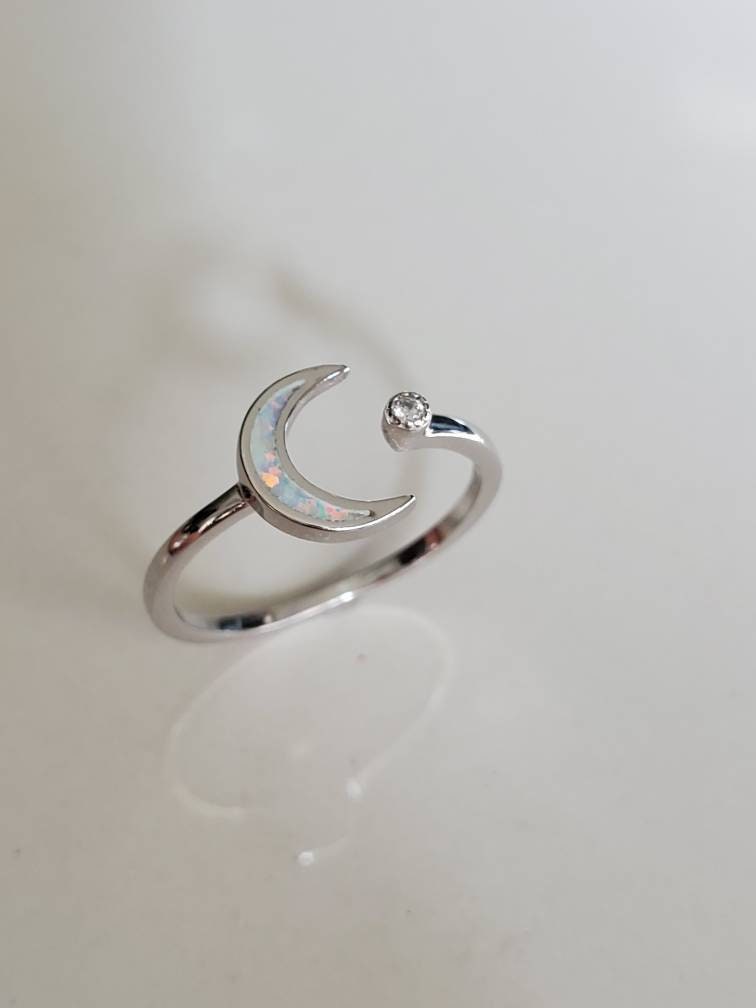 Sterling Silver Crescent Moon and Star Ring, White Opal Ring, Women's Stack Ring, White Opal Minimalist Ring, 925 Ring