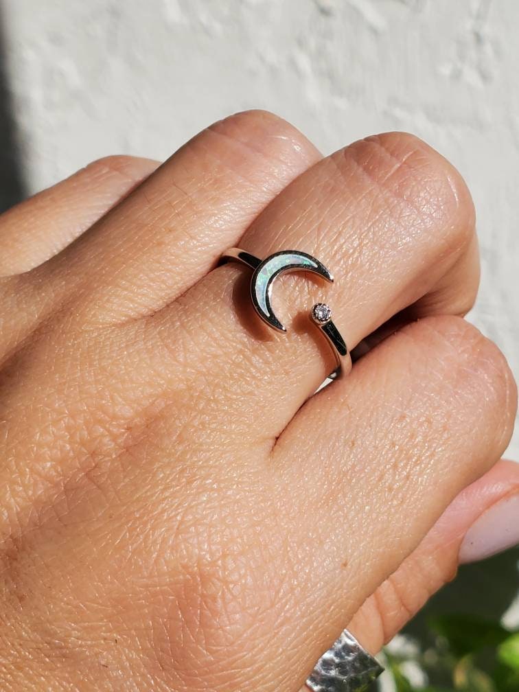 Sterling Silver Crescent Moon and Star Ring, White Opal Ring, Women's Stack Ring, White Opal Minimalist Ring, 925 Ring