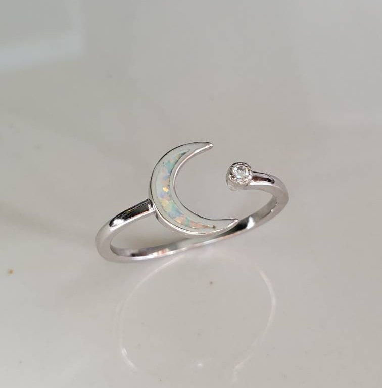 Sterling Silver Crescent Moon and Star Ring, White Opal Ring, Women's Stack Ring, White Opal Minimalist Ring, 925 Ring