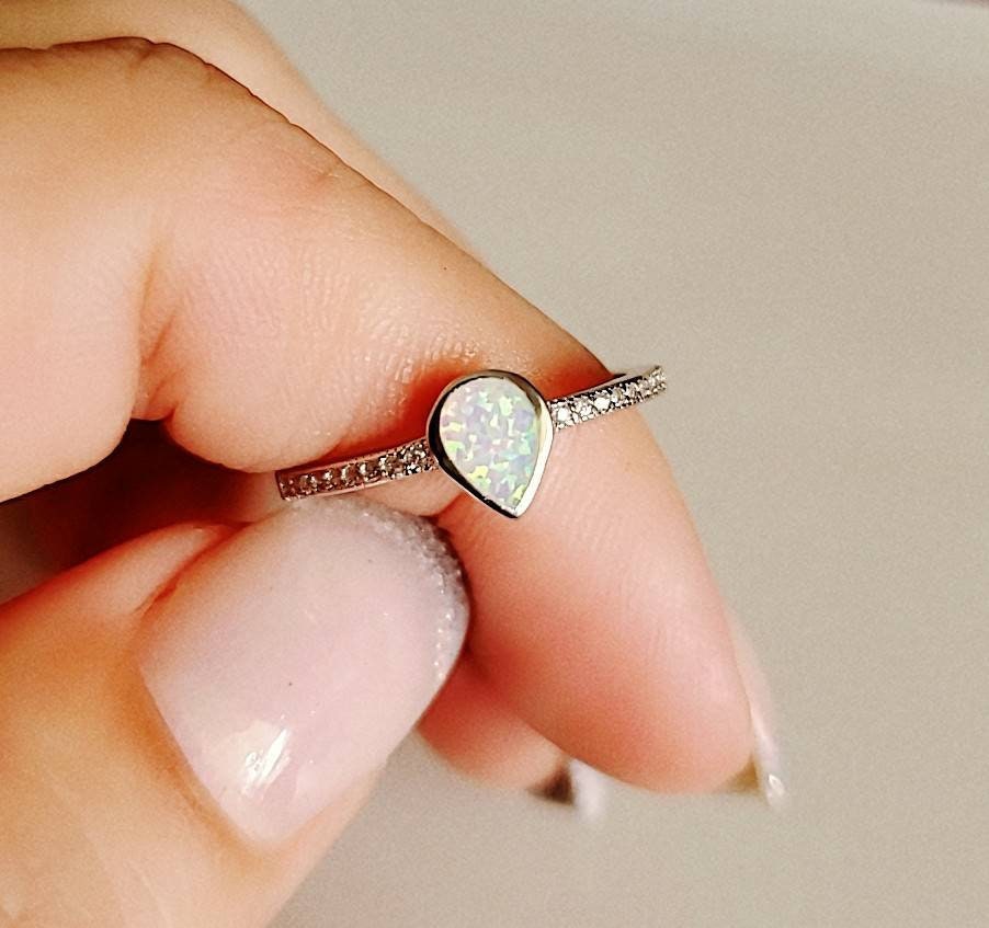 White Opal Ring, Sterling Silver Opal Ring, Women Simple Ring, Delicate Stack Ring, Bridal Promise Ring, Minimalist Ring