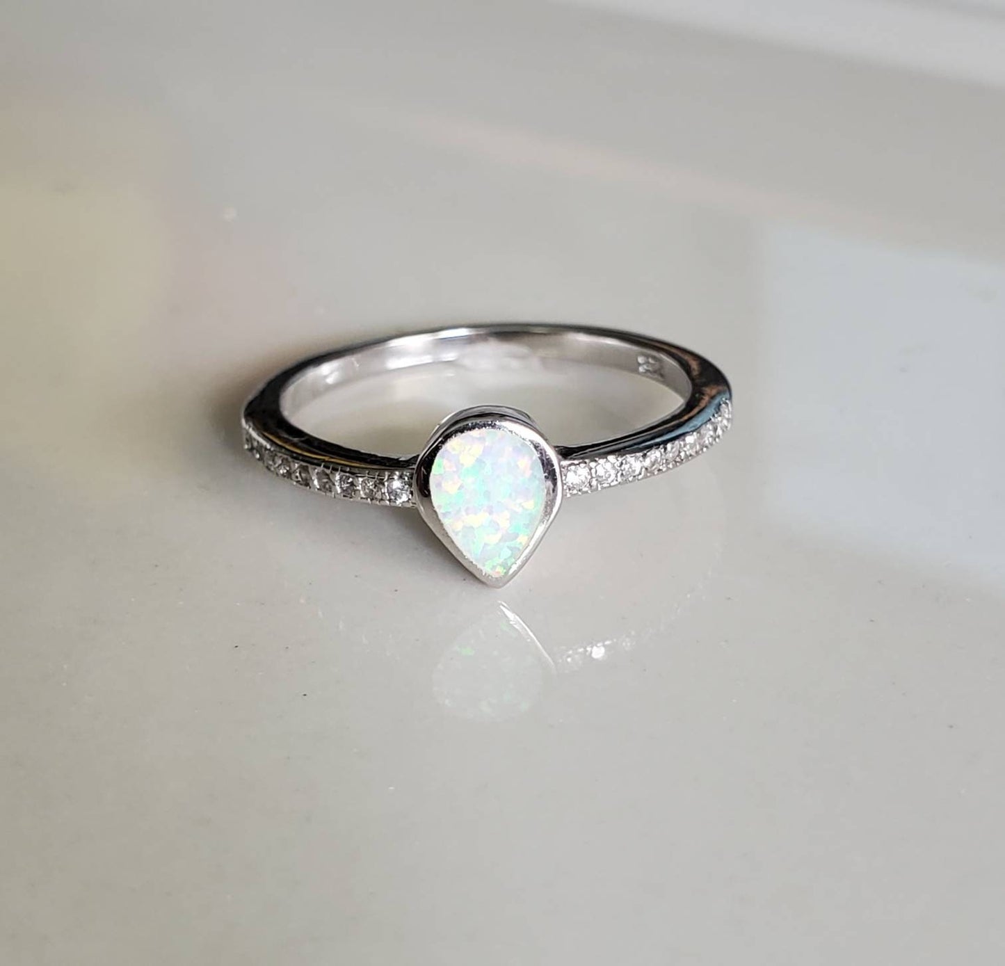 White Opal Ring, Sterling Silver Opal Ring, Women Simple Ring, Delicate Stack Ring, Bridal Promise Ring, Minimalist Ring