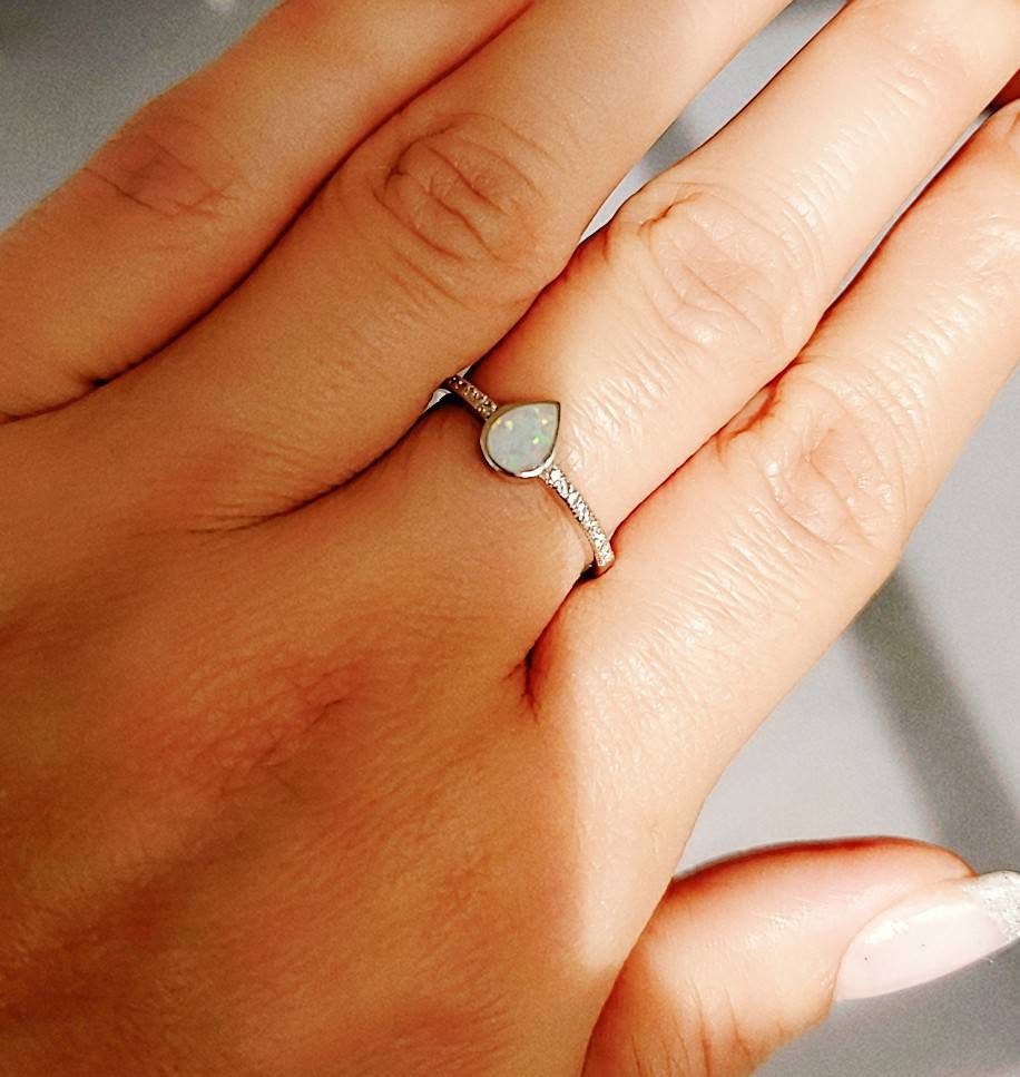 White Opal Ring, Sterling Silver Opal Ring, Women Simple Ring, Delicate Stack Ring, Bridal Promise Ring, Minimalist Ring