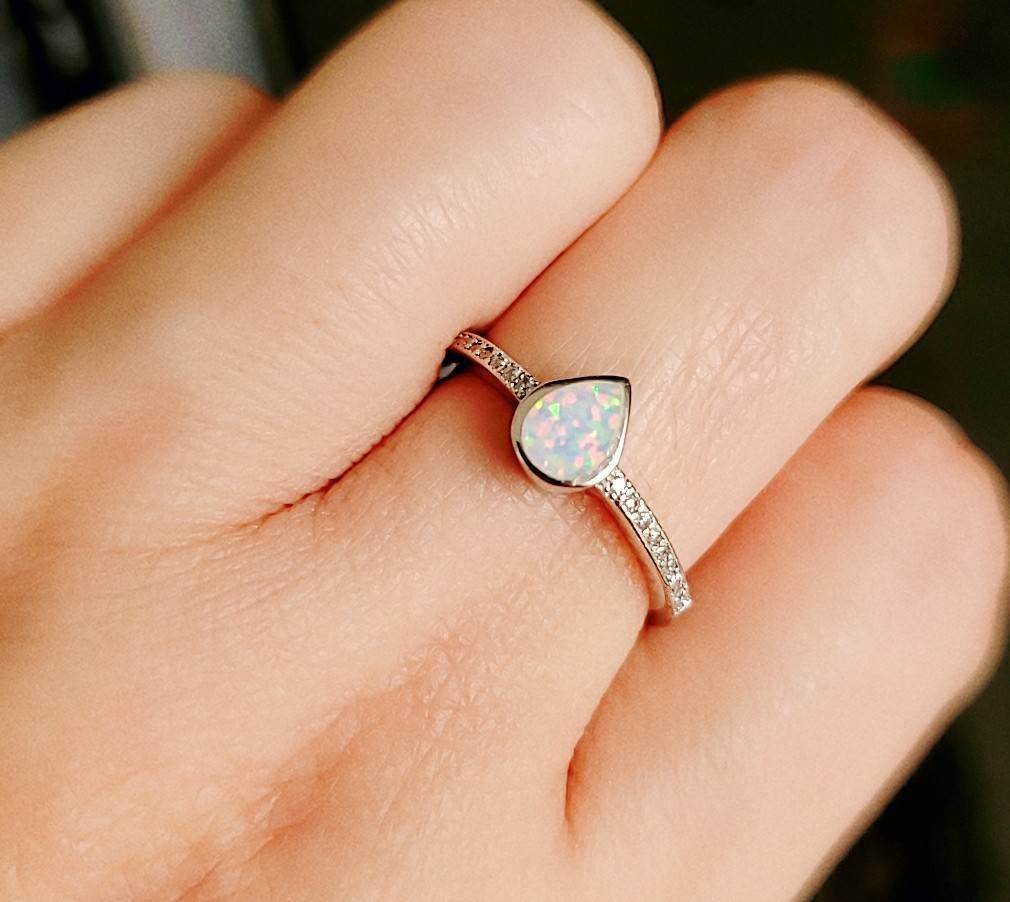 White Opal Ring, Sterling Silver Opal Ring, Women Simple Ring, Delicate Stack Ring, Bridal Promise Ring, Minimalist Ring