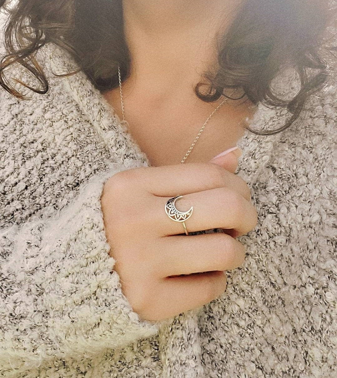 Crescent Moon Mandala Moon Ring