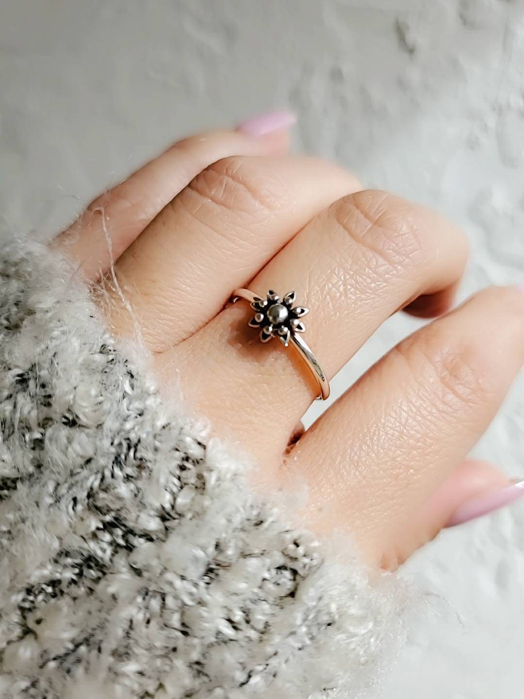 Sterling Silver Dainty Bali Ring, Flower Ring, Simple Beaded Flower Ring, Stack Ring, Simple Rings, Dainty Rings for Women