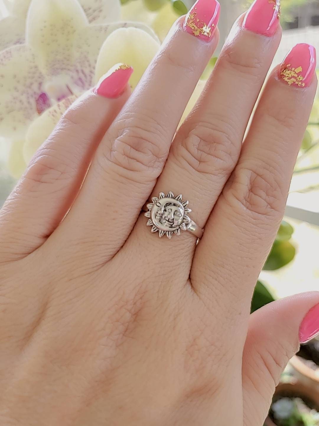Moon Sun Face Sterling Silver Ring