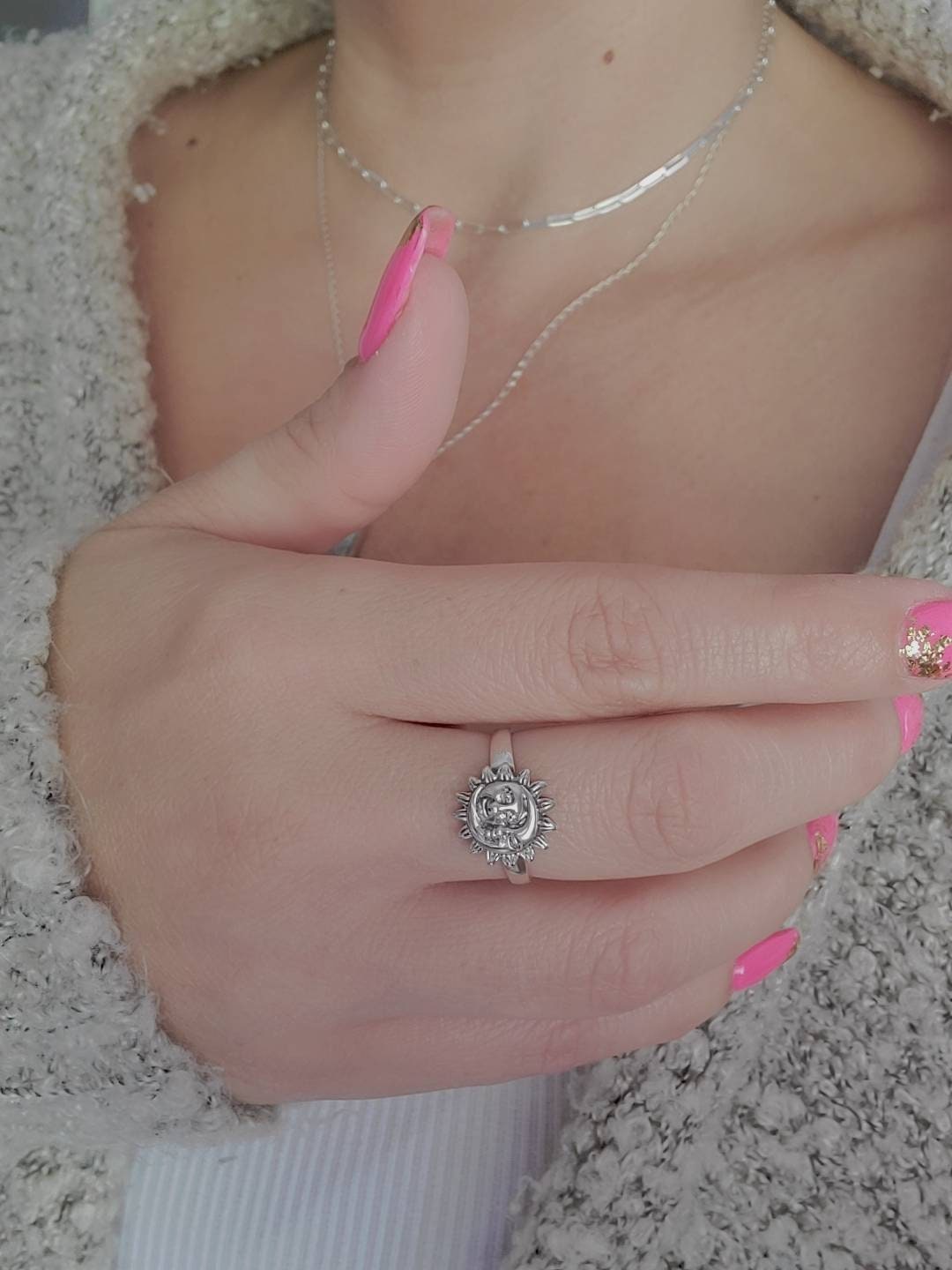 Moon Sun Face Sterling Silver Ring