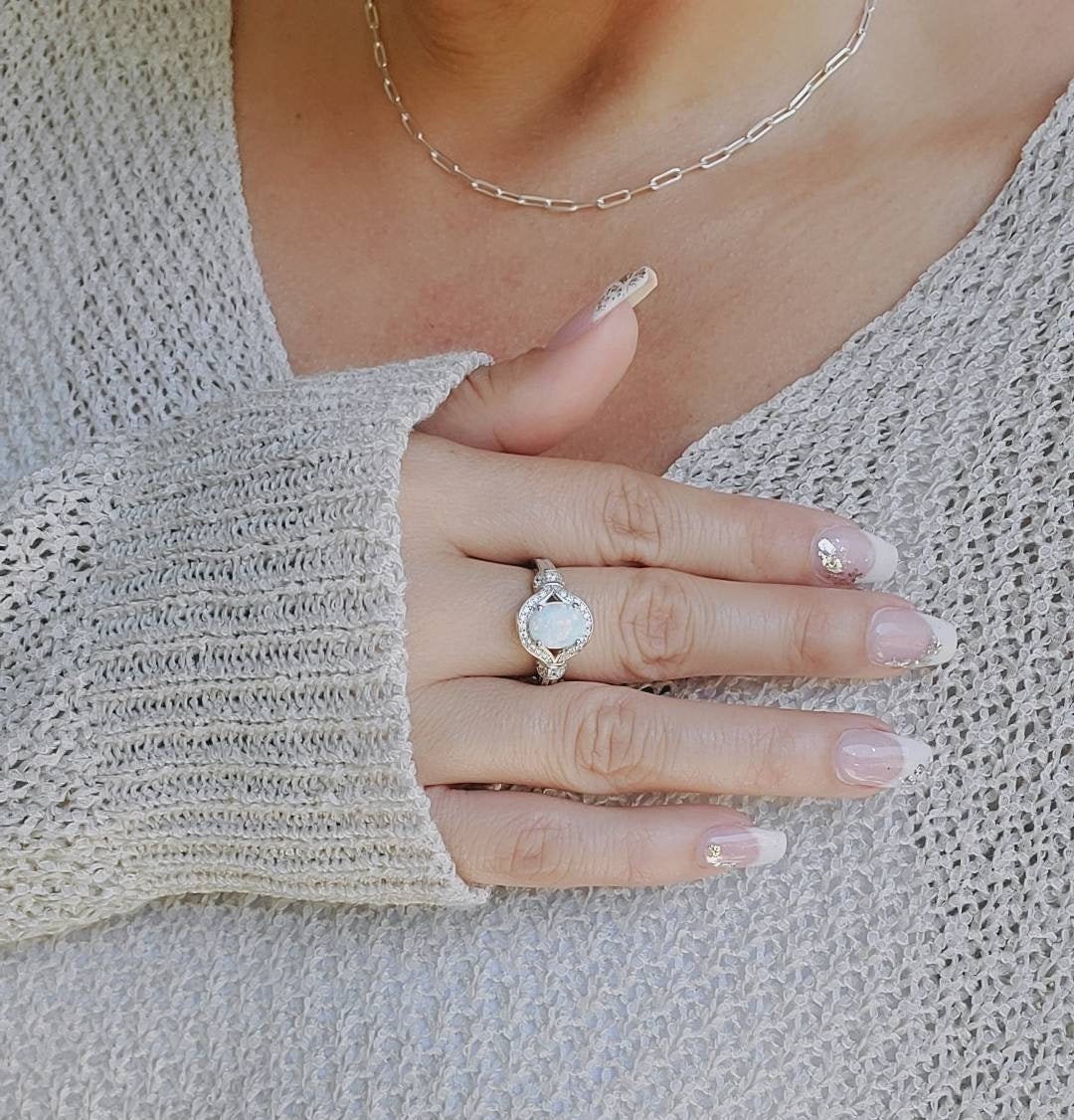 Halo Opal Ring Sterling Silver Women Ring