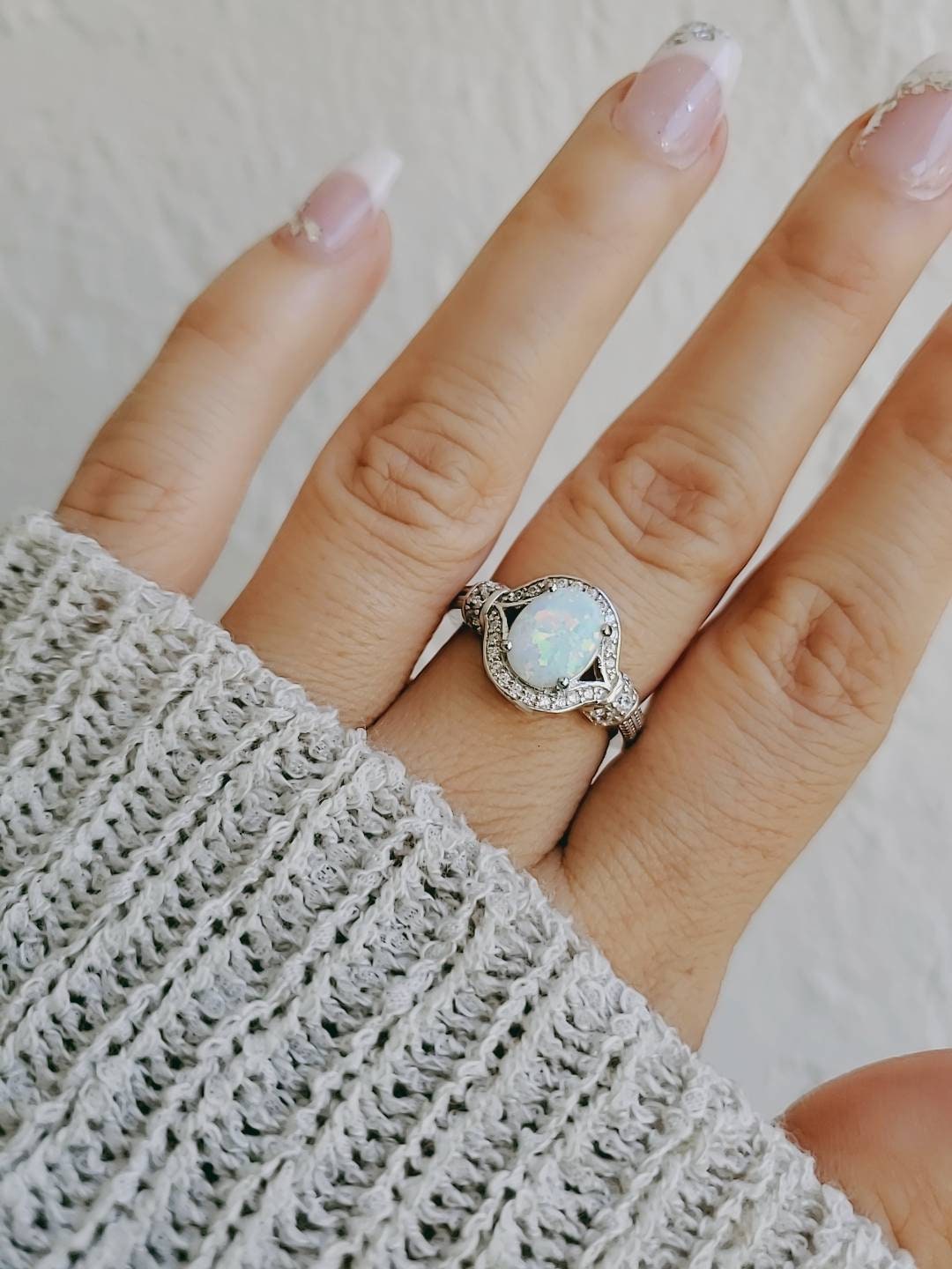 Halo Opal Ring Sterling Silver Women Ring